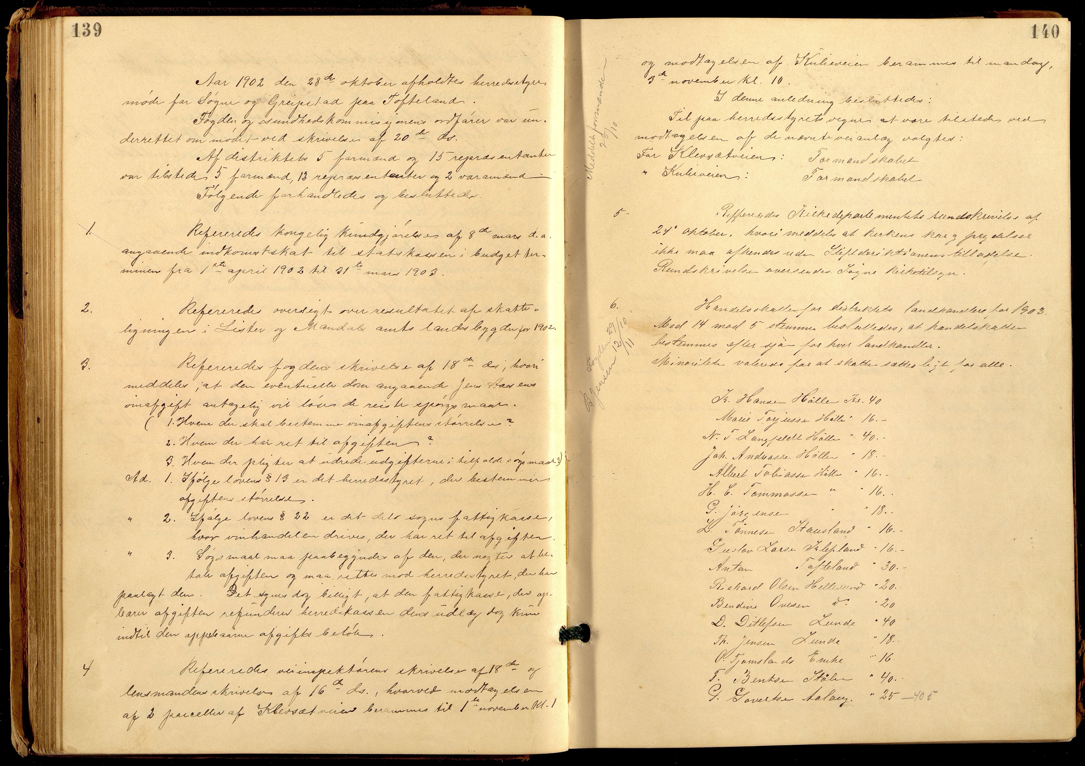 Søgne og Greipstad kommune - Formannskapet, ARKSOR/1018SG120/A/L0006: Møtebok (d), 1901-1909, p. 139-140