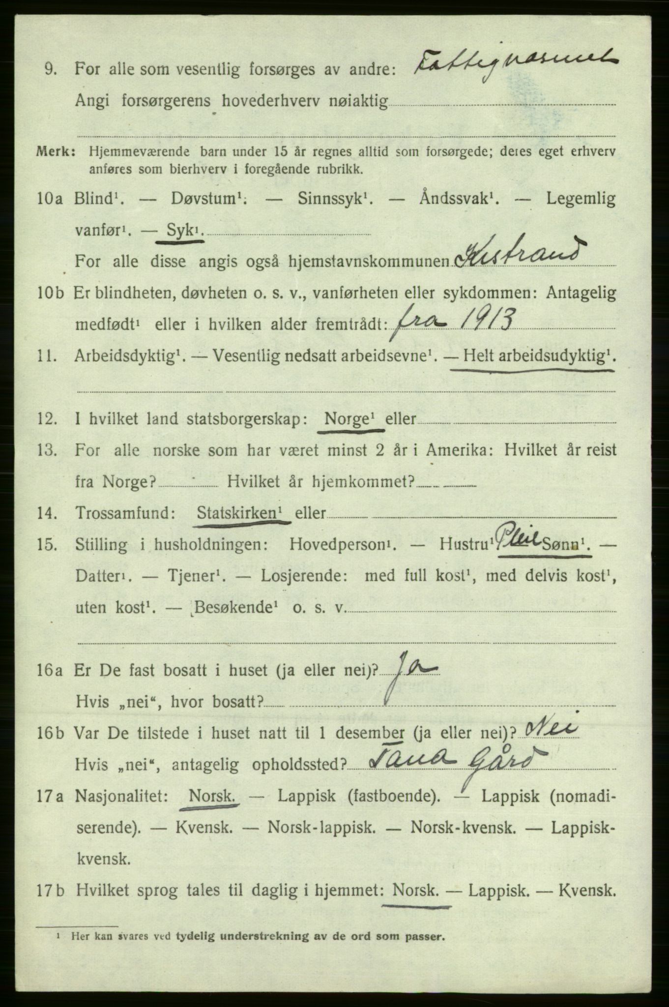 SATØ, 1920 census for Kistrand, 1920, p. 1501