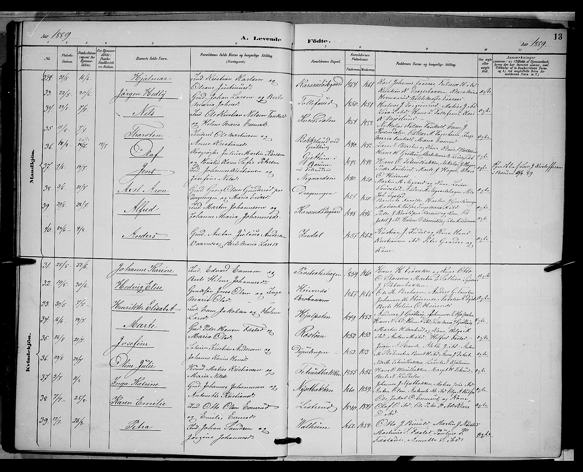 Vestre Toten prestekontor, AV/SAH-PREST-108/H/Ha/Hab/L0009: Parish register (copy) no. 9, 1888-1900, p. 13