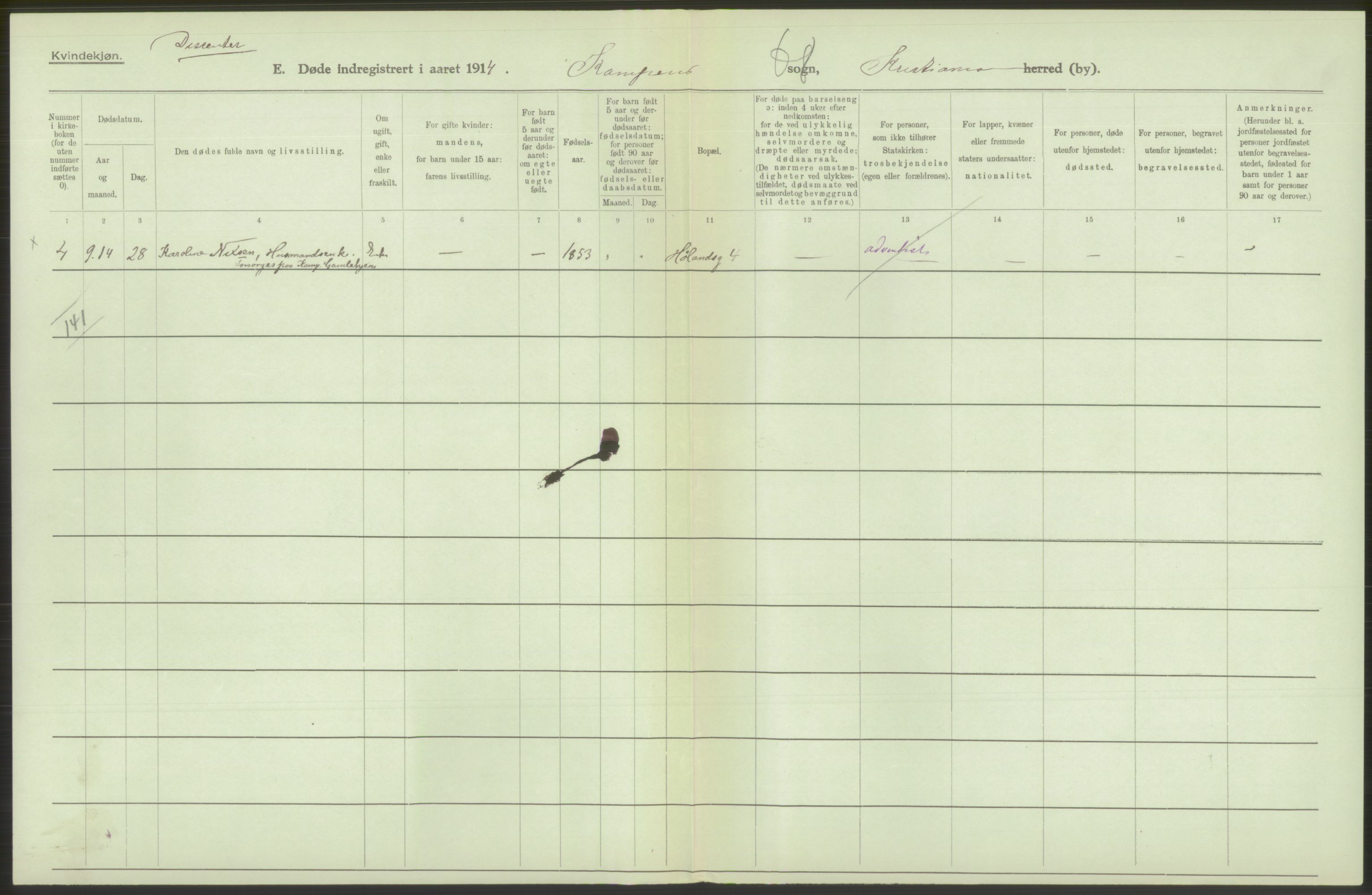 Statistisk sentralbyrå, Sosiodemografiske emner, Befolkning, AV/RA-S-2228/D/Df/Dfb/Dfbd/L0008: Kristiania: Døde, 1914, p. 436