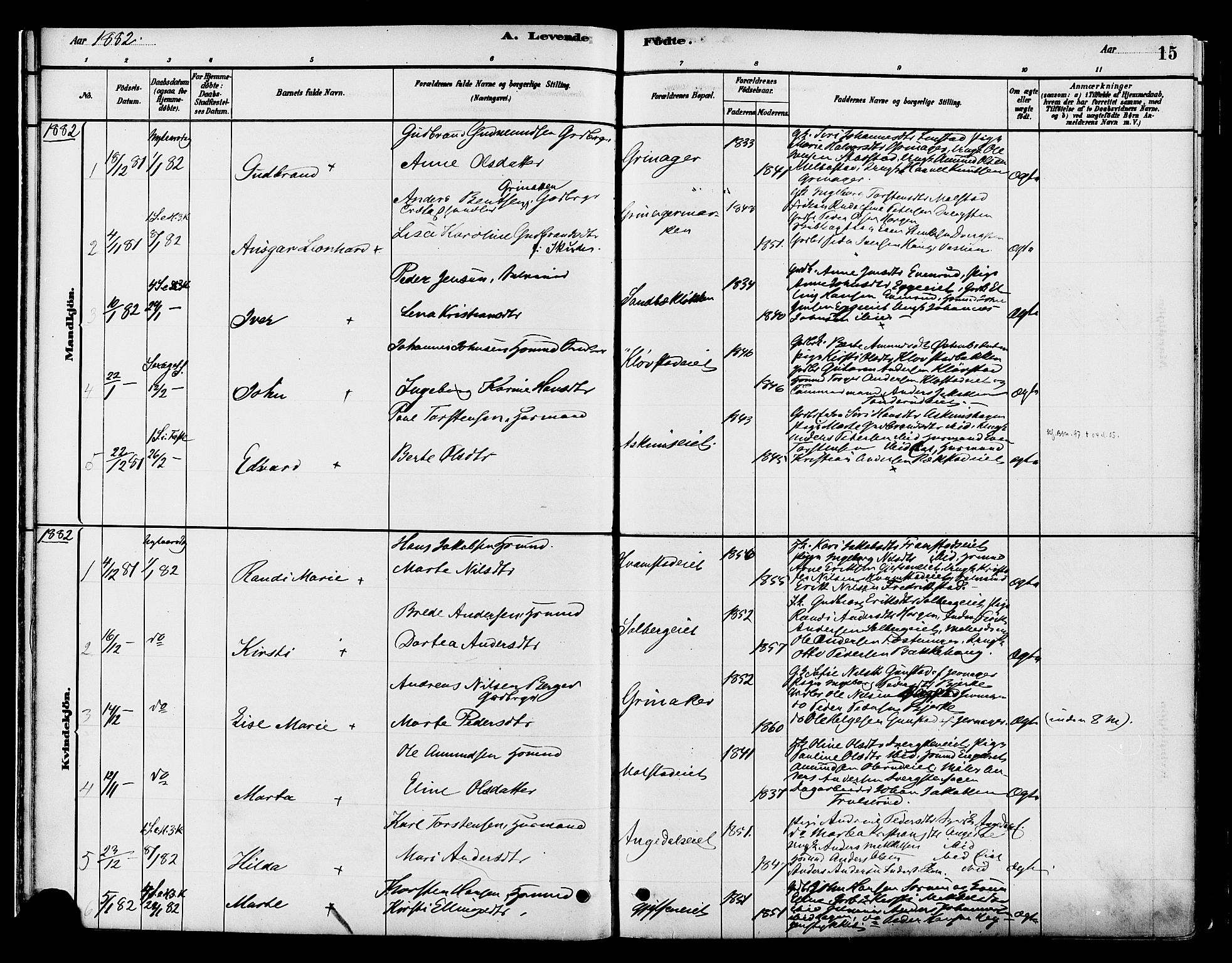 Gran prestekontor, SAH/PREST-112/H/Ha/Haa/L0016: Parish register (official) no. 16, 1880-1888, p. 15