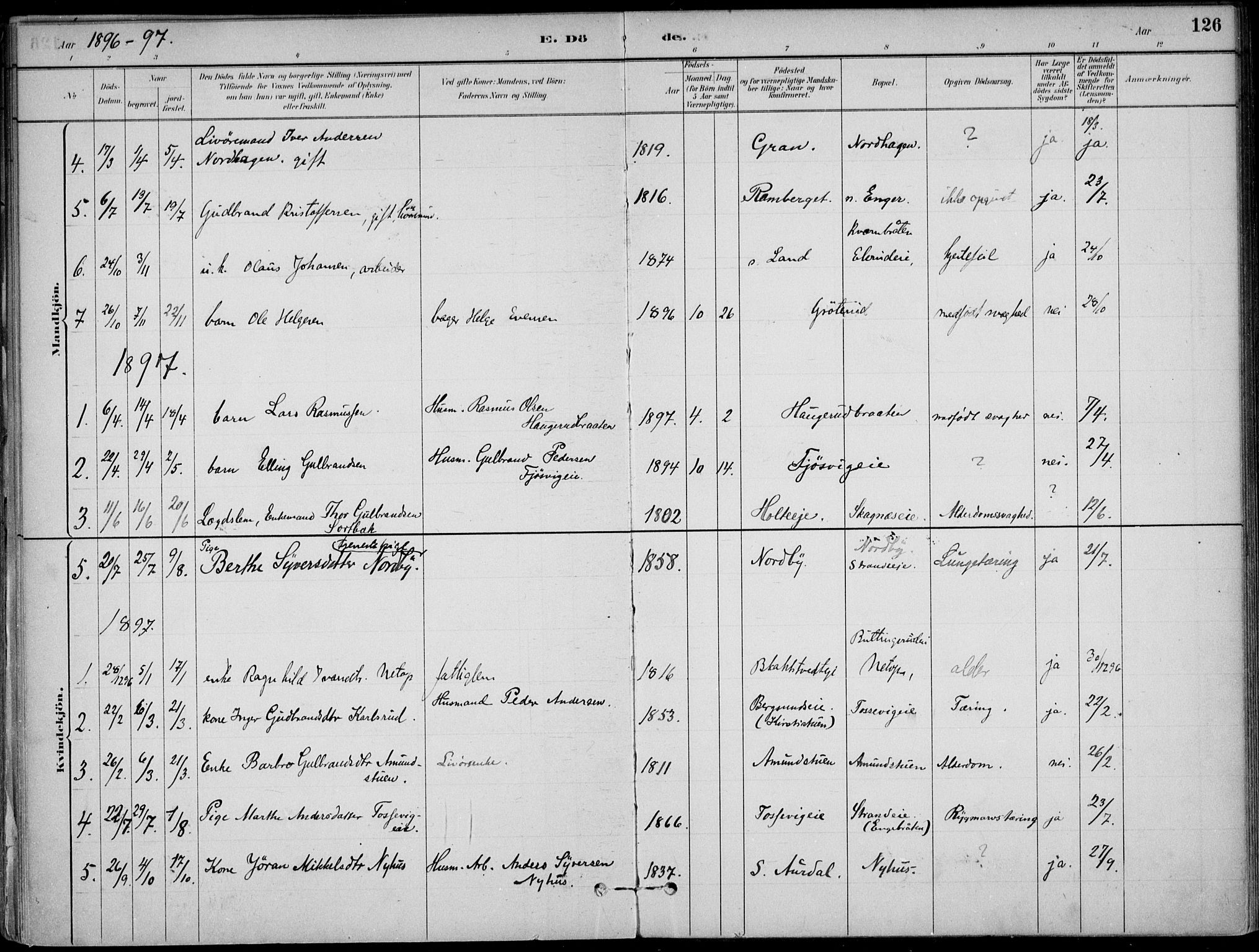 Ådal kirkebøker, SAKO/A-248/F/Fa/L0003: Parish register (official) no. I 3, 1884-1903, p. 126