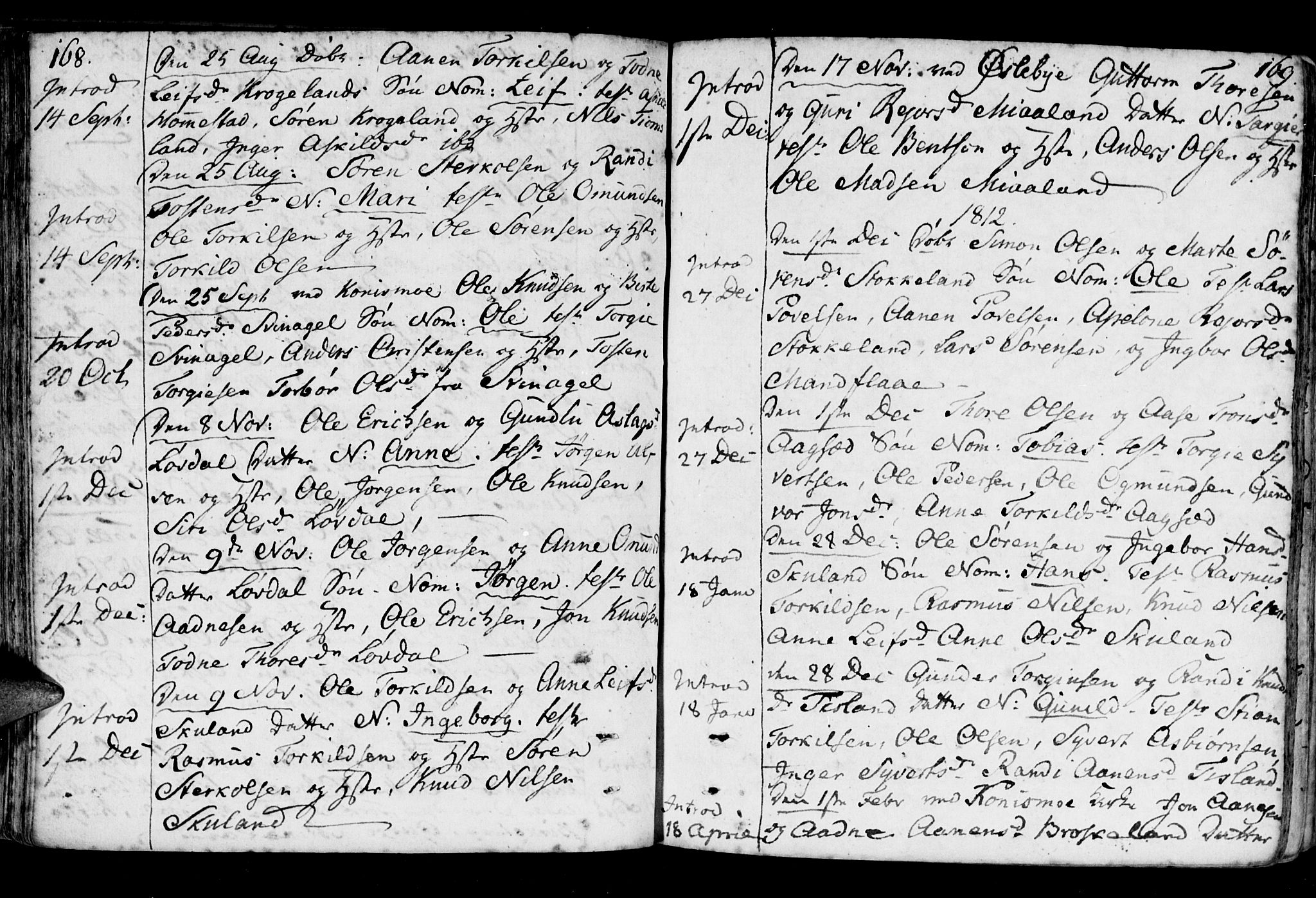 Holum sokneprestkontor, AV/SAK-1111-0022/F/Fa/Fab/L0004: Parish register (official) no. A 4, 1774-1847, p. 168-169