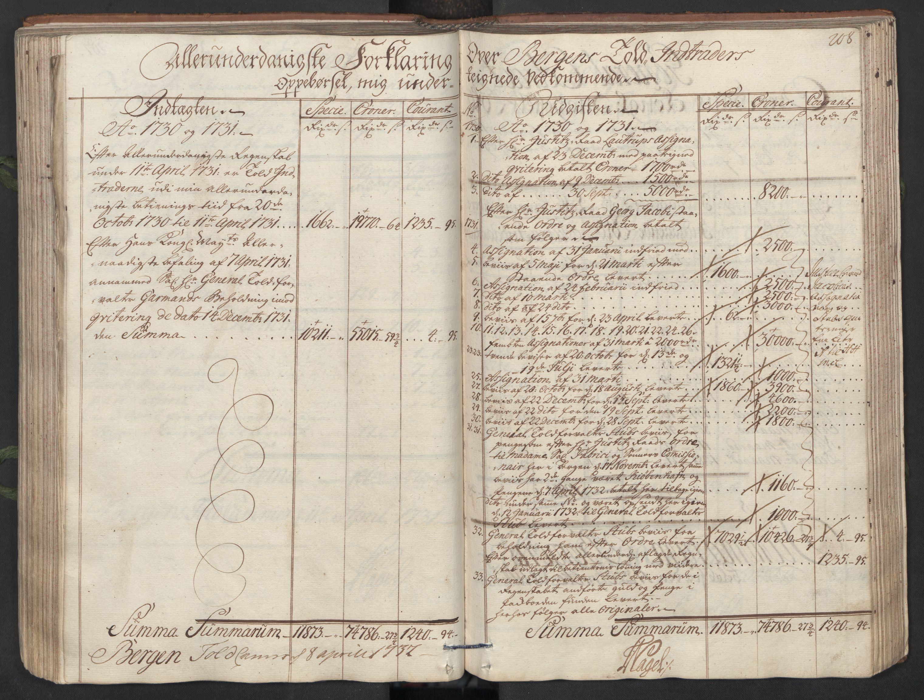 Generaltollkammeret, tollregnskaper, RA/EA-5490/R26/L0017/0001: Tollregnskaper Bergen A / Utgående hovedtollbok, 1731, p. 207b-208a