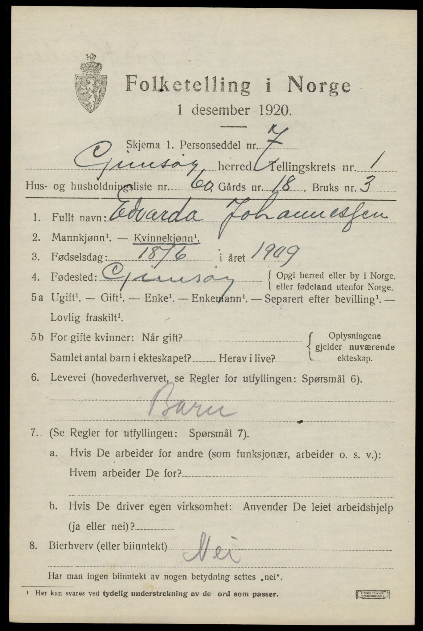 SAT, 1920 census for Gimsøy, 1920, p. 1259