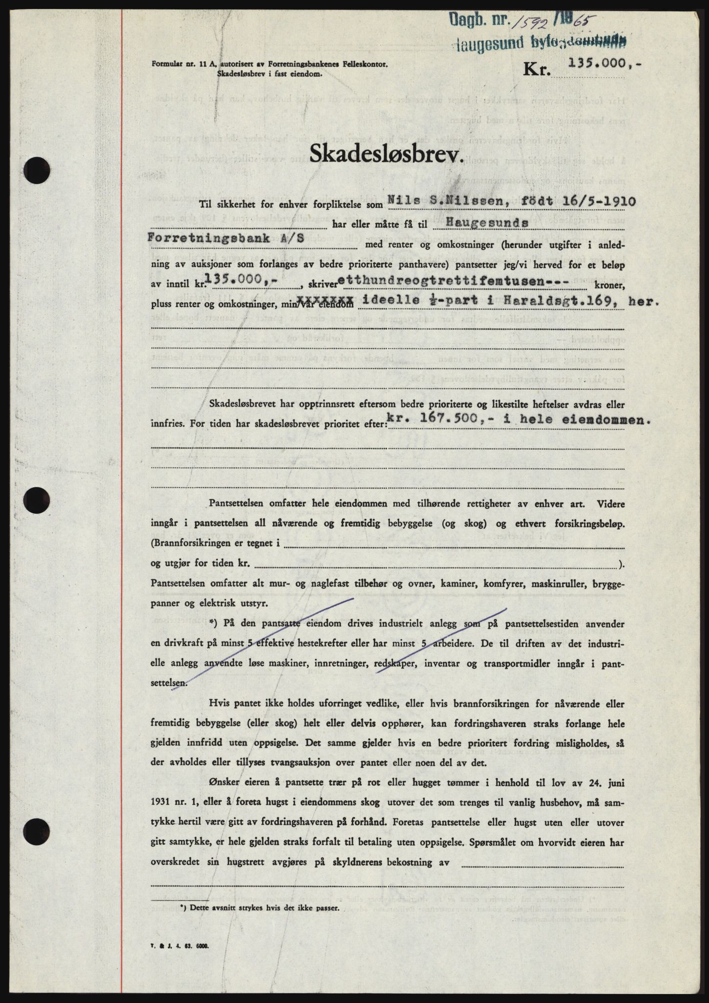 Haugesund tingrett, SAST/A-101415/01/II/IIC/L0053: Mortgage book no. B 53, 1965-1965, Diary no: : 1592/1965