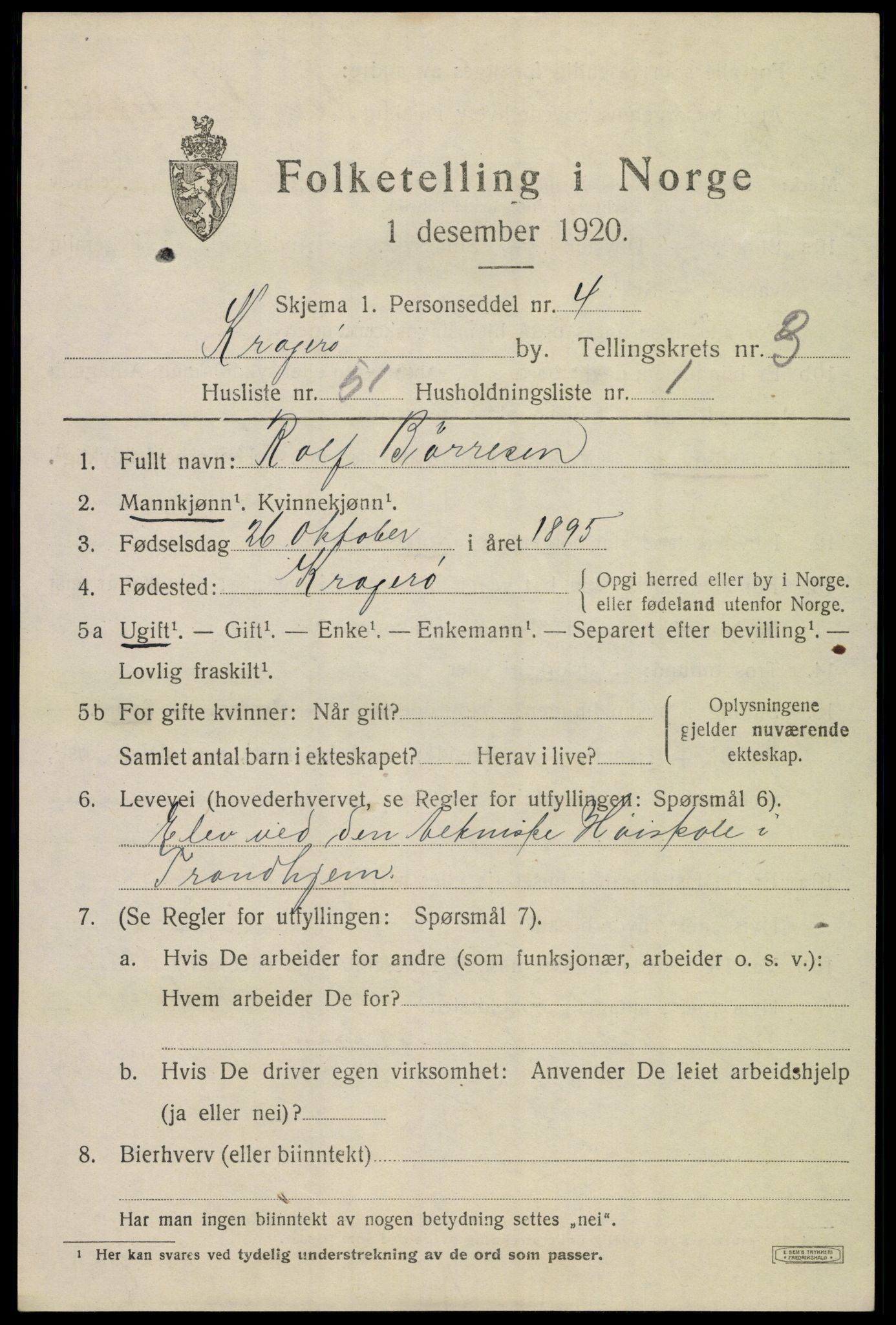SAKO, 1920 census for Kragerø, 1920, p. 7645