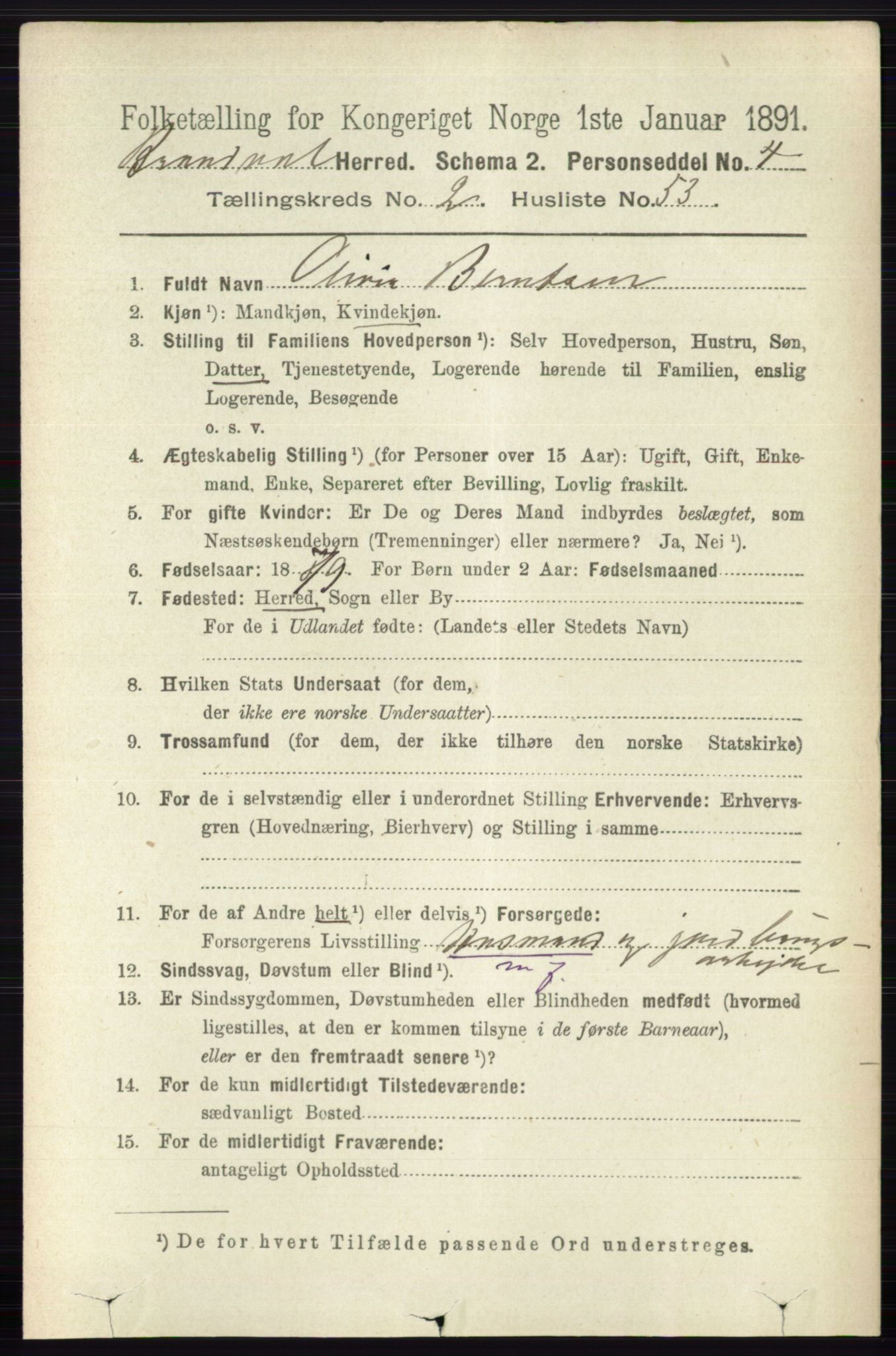 RA, 1891 census for 0422 Brandval, 1891, p. 1153