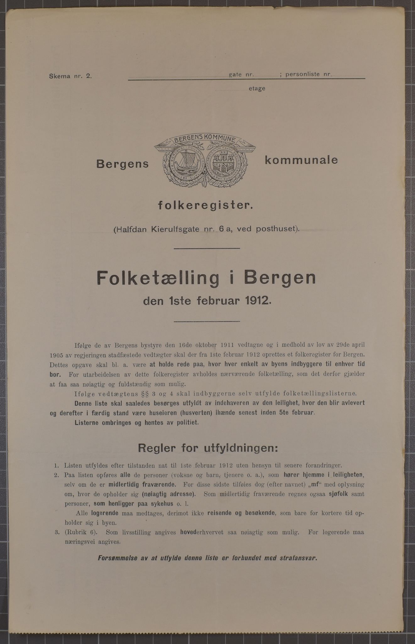 SAB, Municipal Census 1912 for Bergen, 1912, p. 181