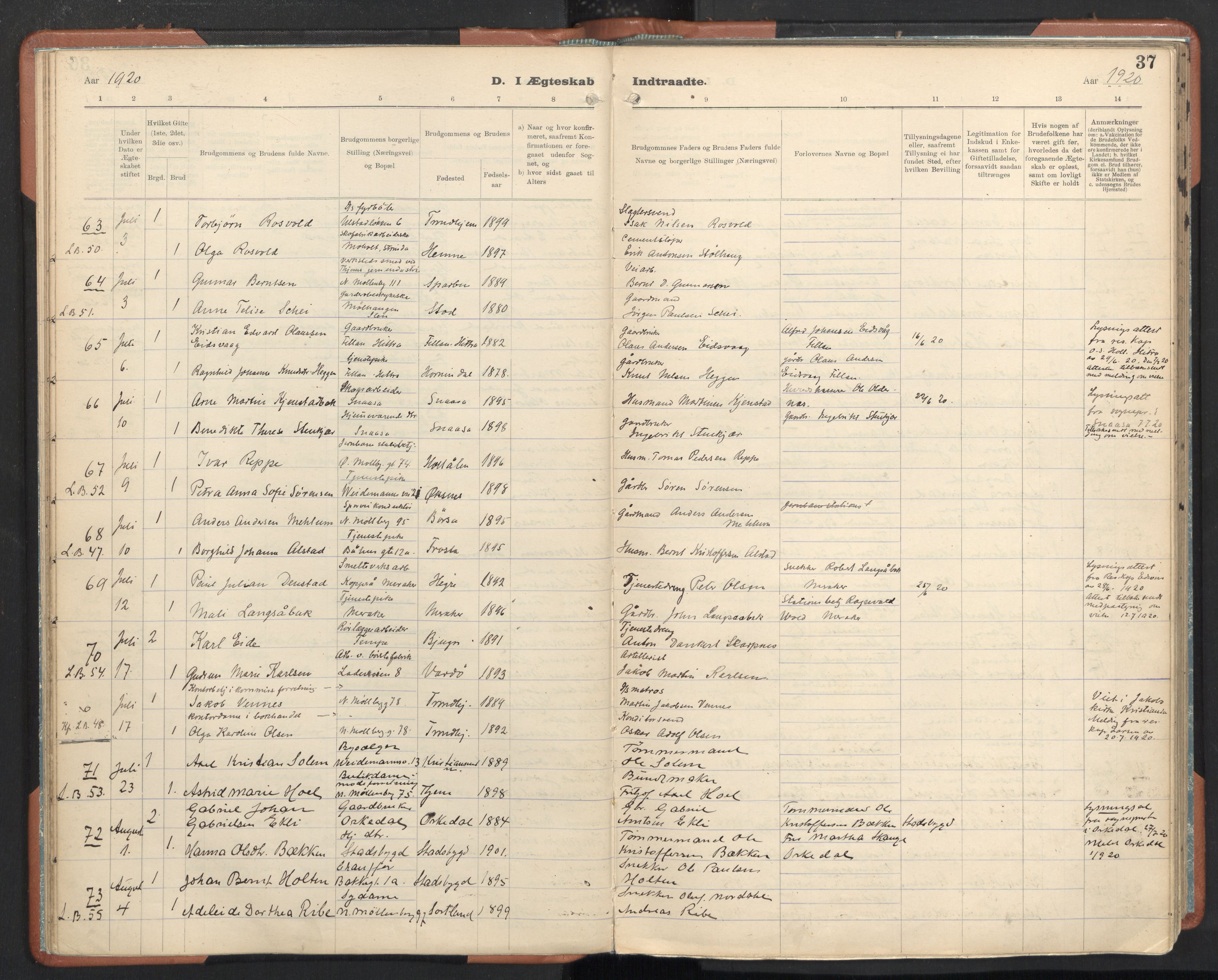 Ministerialprotokoller, klokkerbøker og fødselsregistre - Sør-Trøndelag, SAT/A-1456/605/L0245: Parish register (official) no. 605A07, 1916-1938, p. 37