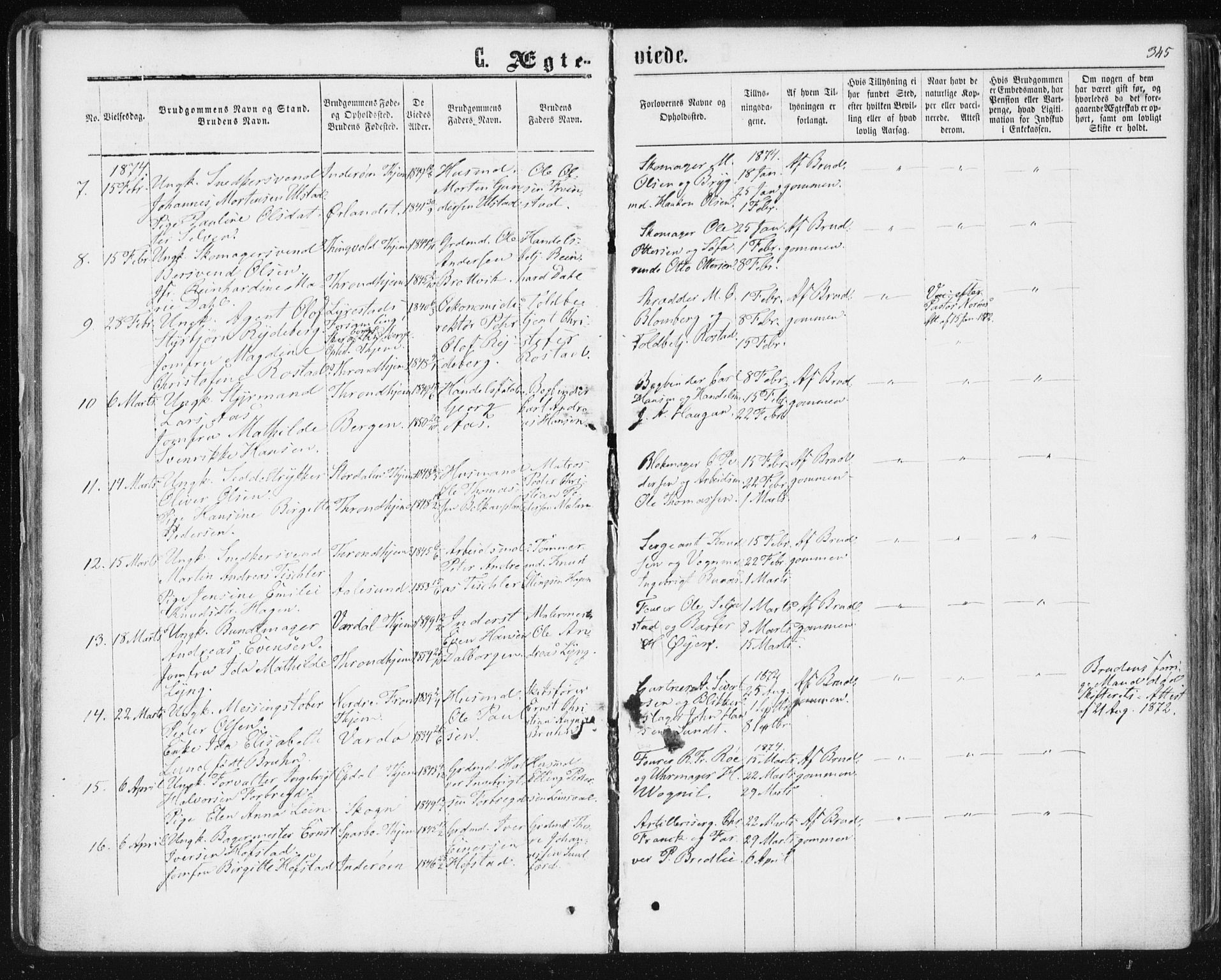 Ministerialprotokoller, klokkerbøker og fødselsregistre - Sør-Trøndelag, SAT/A-1456/601/L0055: Parish register (official) no. 601A23, 1866-1877, p. 345