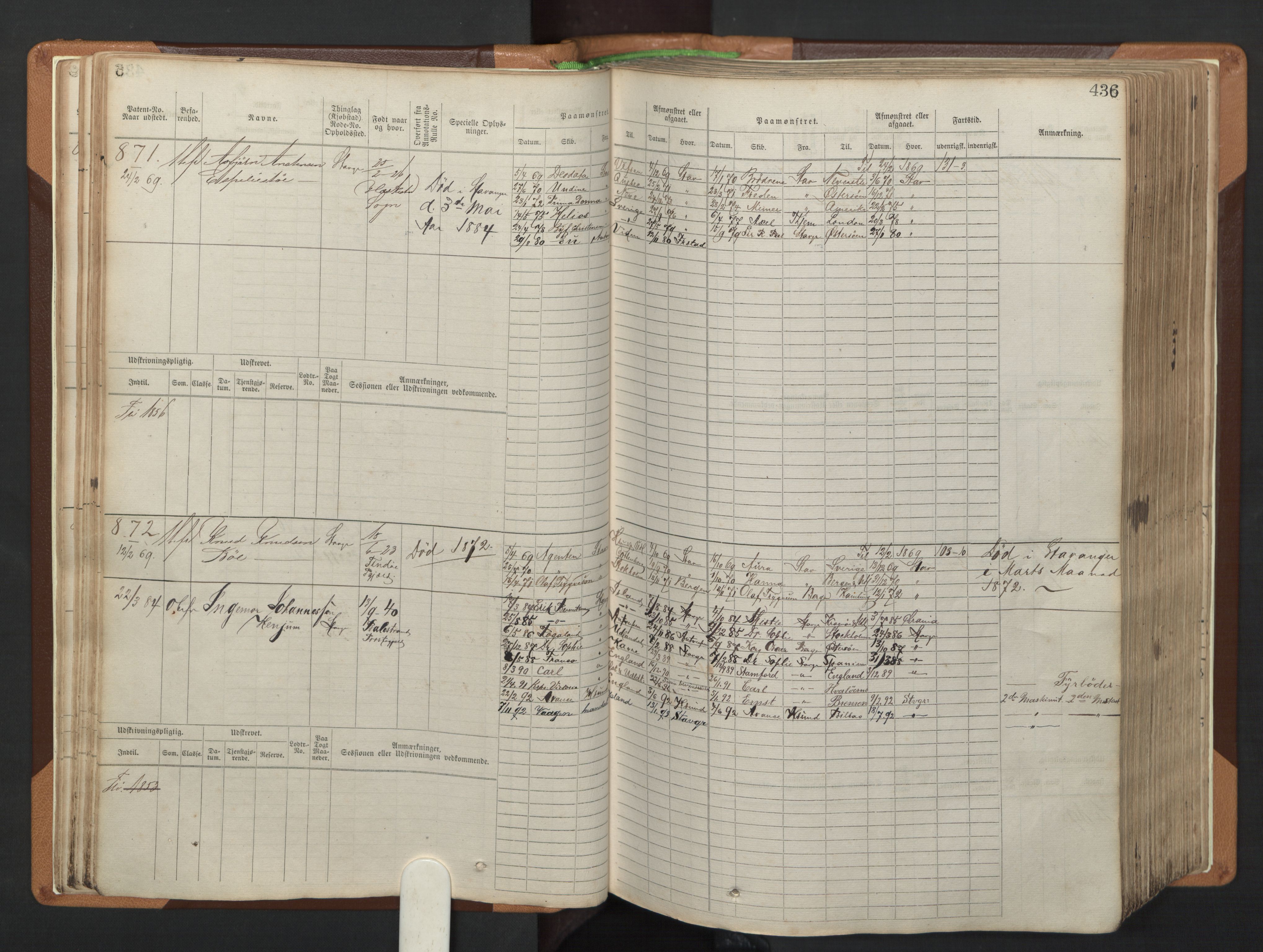 Stavanger sjømannskontor, AV/SAST-A-102006/F/Fb/Fbb/L0005: Sjøfartshovedrulle, patentnr. 793-1606 (del 2), 1869-1880, p. 42