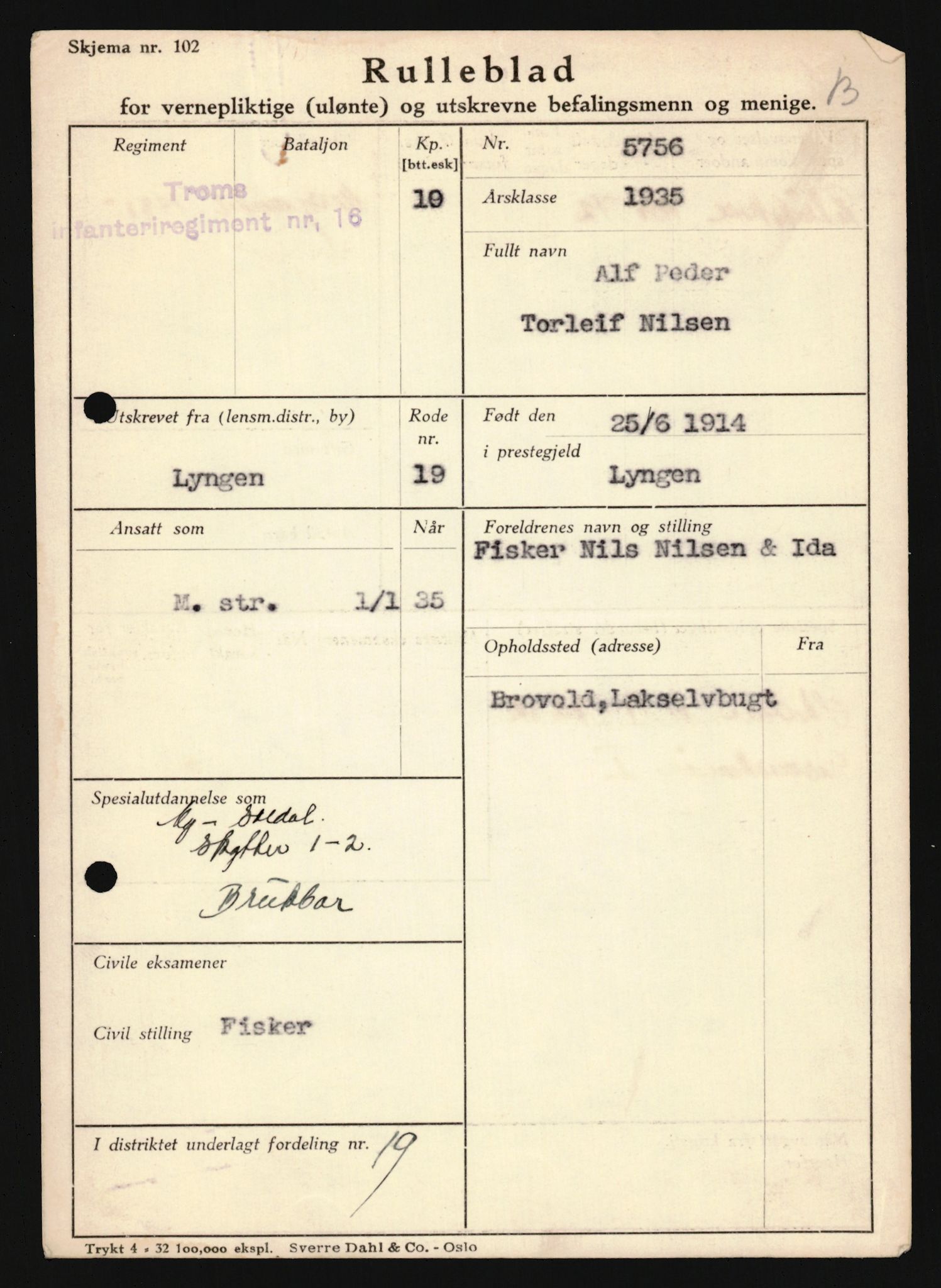 Forsvaret, Troms infanteriregiment nr. 16, AV/RA-RAFA-3146/P/Pa/L0019: Rulleblad for regimentets menige mannskaper, årsklasse 1935, 1935, p. 825