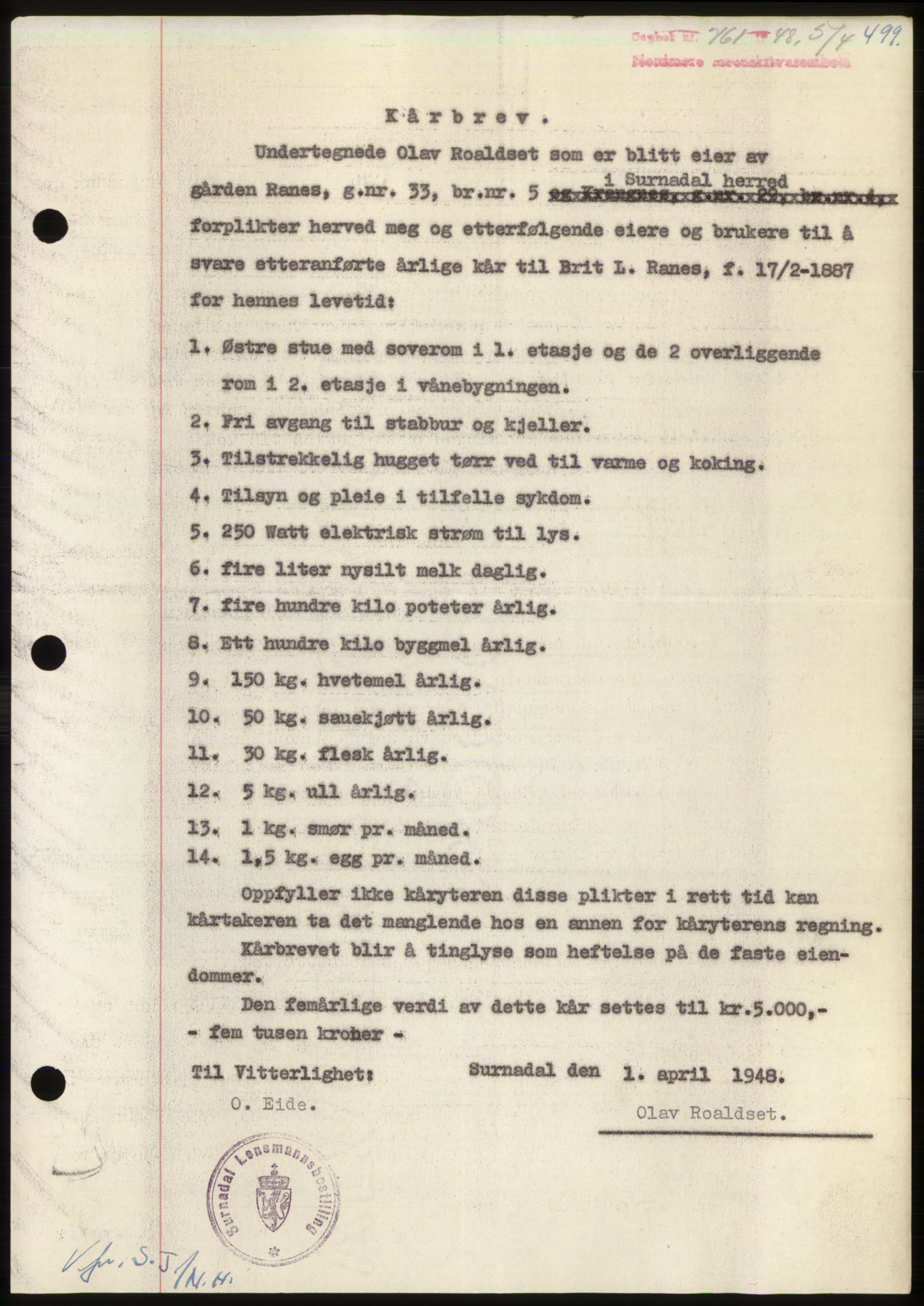 Nordmøre sorenskriveri, AV/SAT-A-4132/1/2/2Ca: Mortgage book no. B98, 1948-1948, Diary no: : 761/1948