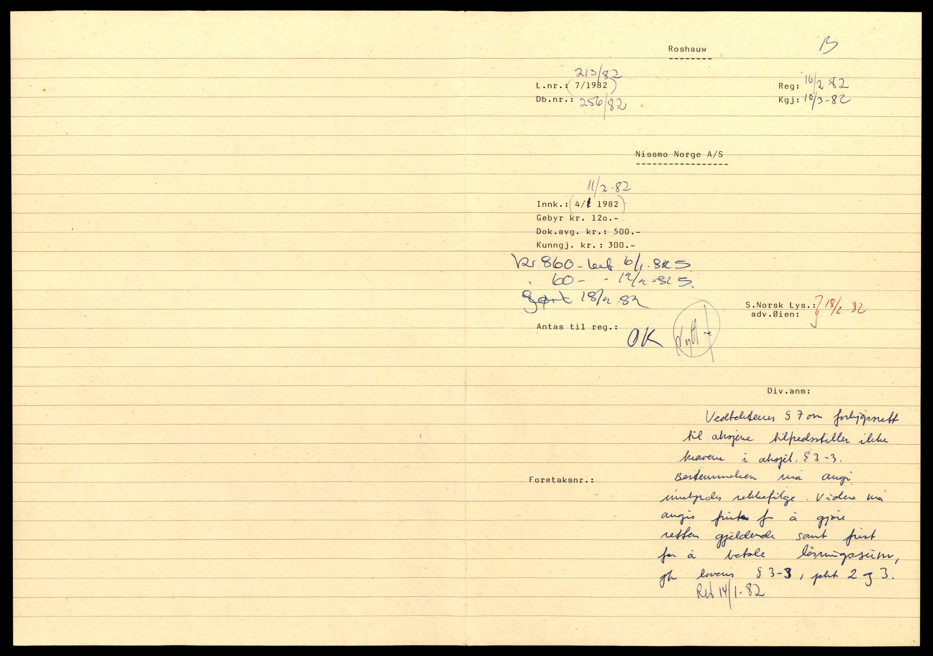 Asker og Bærum tingrett, SAT/A-10379/K/Kb/Kbb/L0116: Aksjeselskap og andelslag i Bærum, Nis - Nora, 1944-1989, p. 1