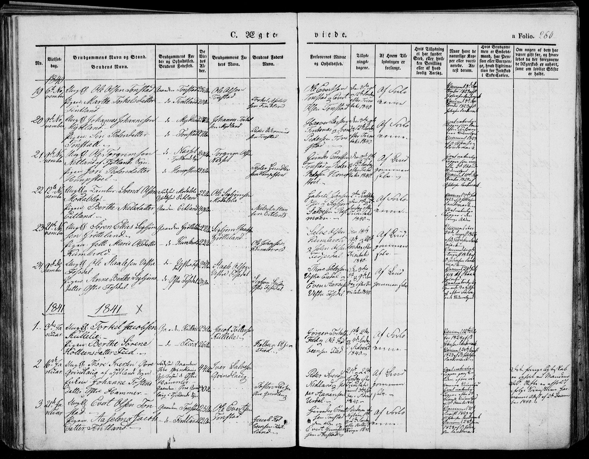 Bakke sokneprestkontor, SAK/1111-0002/F/Fa/Faa/L0004: Parish register (official) no. A 4, 1834-1846, p. 260