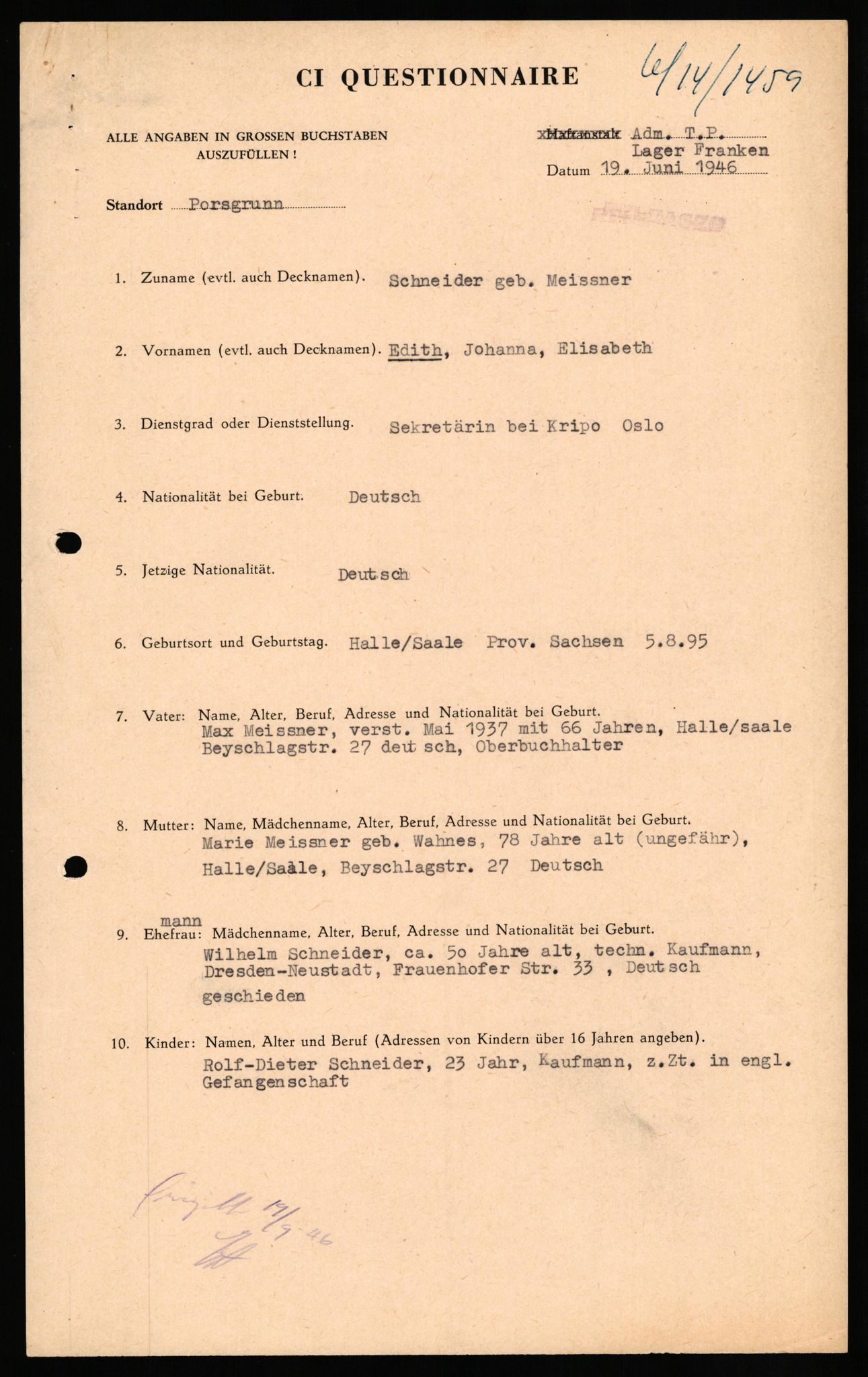 Forsvaret, Forsvarets overkommando II, RA/RAFA-3915/D/Db/L0030: CI Questionaires. Tyske okkupasjonsstyrker i Norge. Tyskere., 1945-1946, p. 21