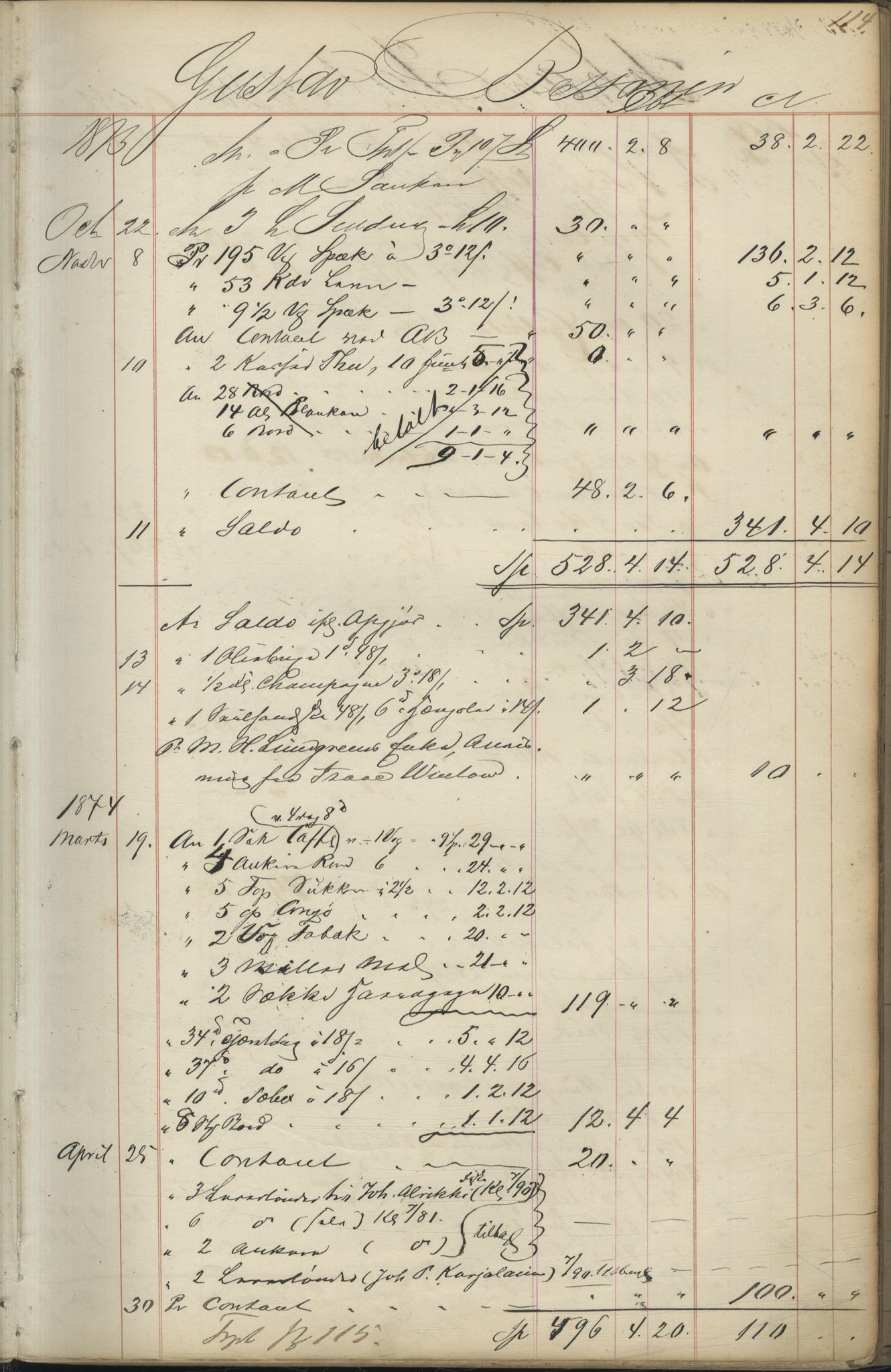 Brodtkorb handel A/S, VAMU/A-0001/F/Fc/L0001/0001: Konto for kvener og nordmenn på Kolahalvøya  / Conto for Kvæner og Nordmænd paa Russefinmarken No 1, 1868-1894, p. 114