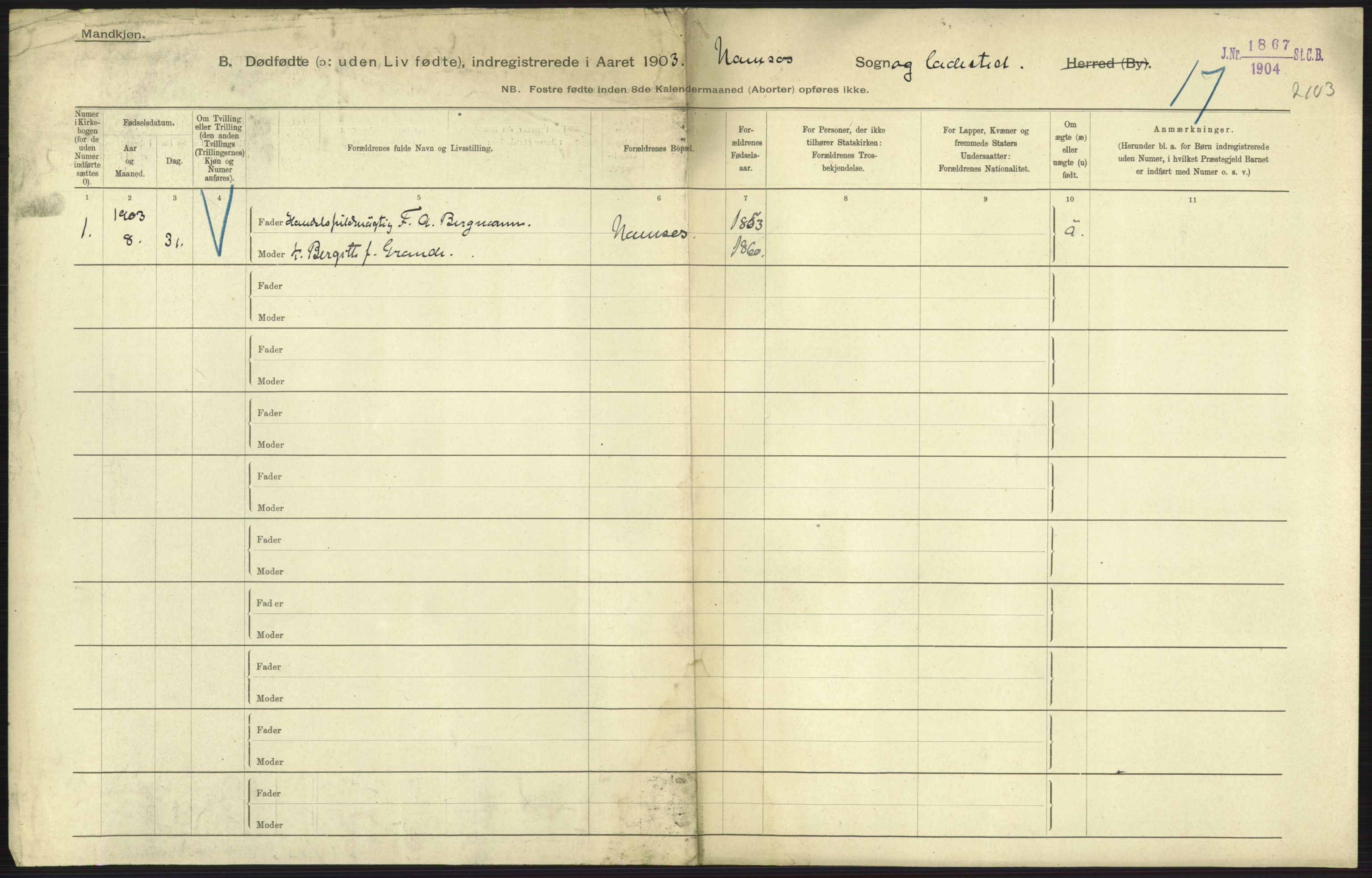 Statistisk sentralbyrå, Sosiodemografiske emner, Befolkning, AV/RA-S-2228/D/Df/Dfa/Dfaa/L0026: Smålenenes - Finnmarkens amt: Dødfødte. Byer., 1903, p. 187