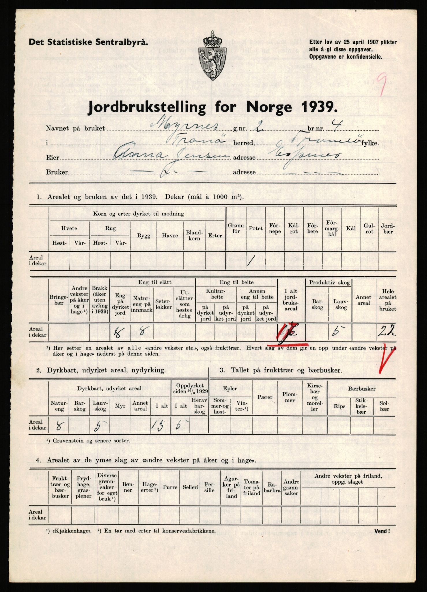 Statistisk sentralbyrå, Næringsøkonomiske emner, Jordbruk, skogbruk, jakt, fiske og fangst, AV/RA-S-2234/G/Gb/L0341: Troms: Sørreisa og Tranøy, 1939, p. 1033