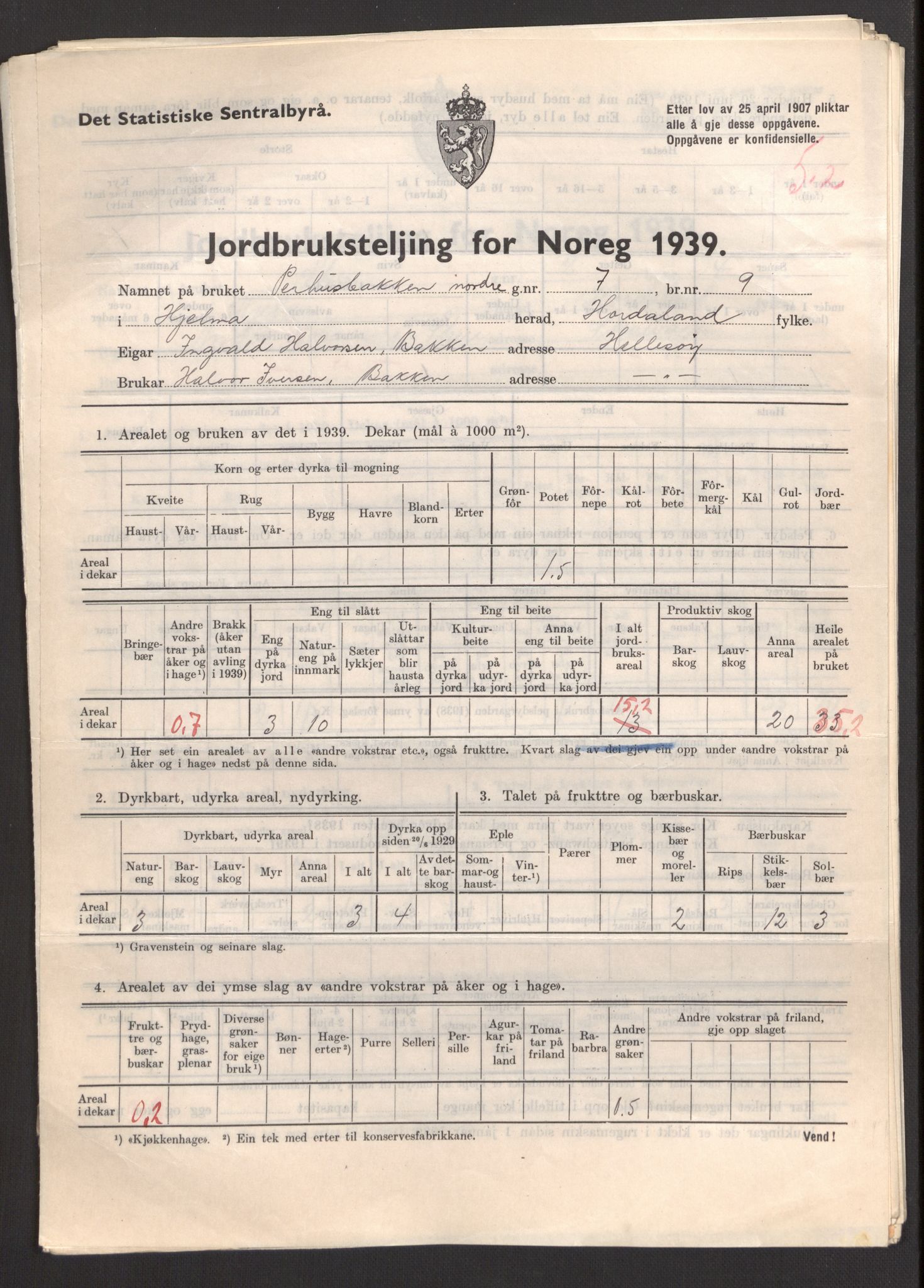 Statistisk sentralbyrå, Næringsøkonomiske emner, Jordbruk, skogbruk, jakt, fiske og fangst, AV/RA-S-2234/G/Gb/L0211: Hordaland: Herdla, Hjelme og Manger, 1939, p. 1253