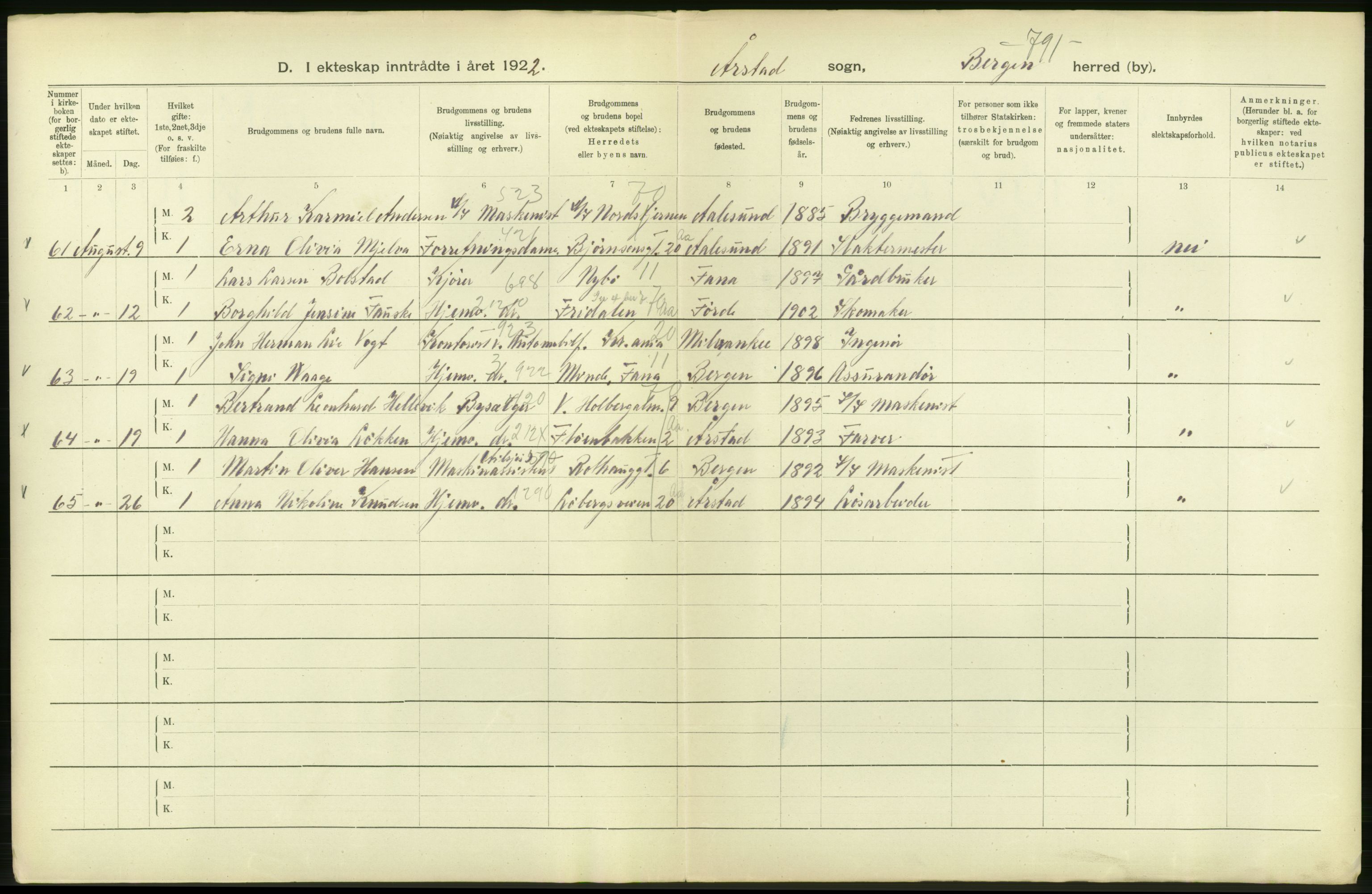 Statistisk sentralbyrå, Sosiodemografiske emner, Befolkning, AV/RA-S-2228/D/Df/Dfc/Dfcb/L0030: Bergen: Gifte, døde, dødfødte., 1922, p. 50