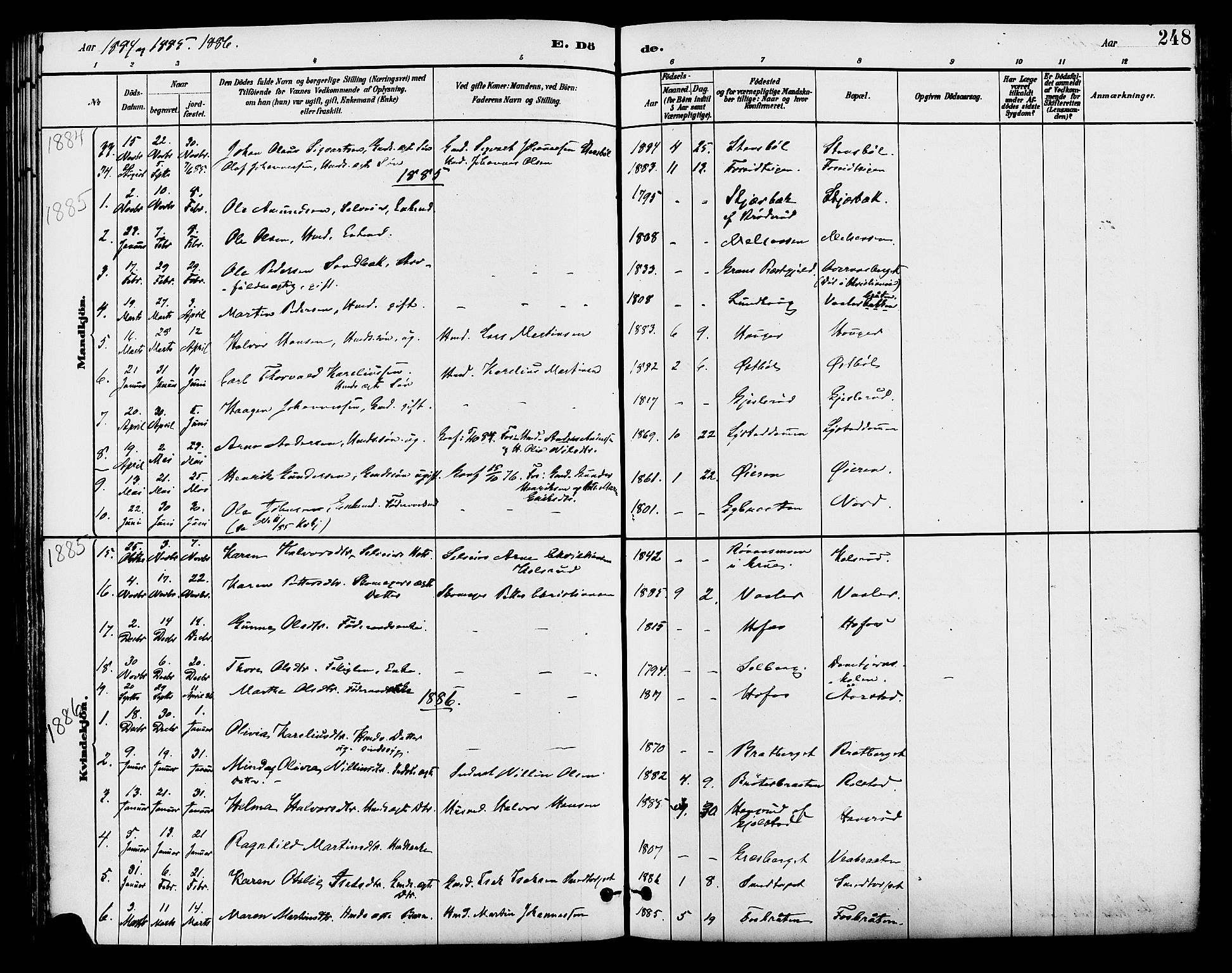 Brandval prestekontor, SAH/PREST-034/H/Ha/Haa/L0002: Parish register (official) no. 2, 1880-1894, p. 248