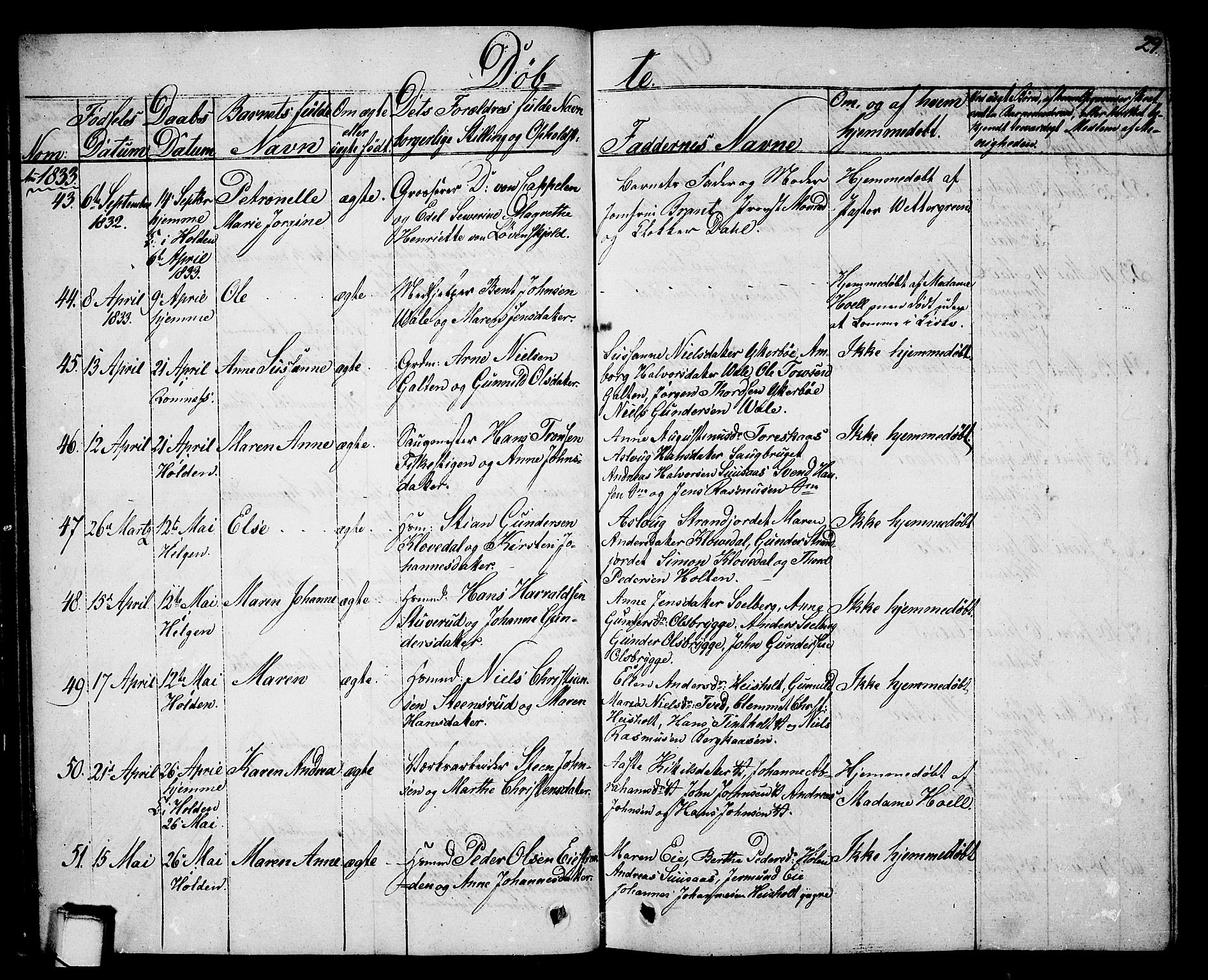Holla kirkebøker, SAKO/A-272/G/Ga/L0002: Parish register (copy) no. I 2, 1830-1848, p. 29