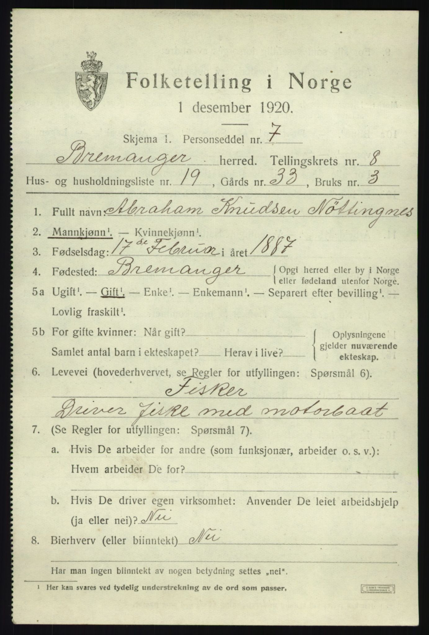 SAB, 1920 census for Bremanger, 1920, p. 5030