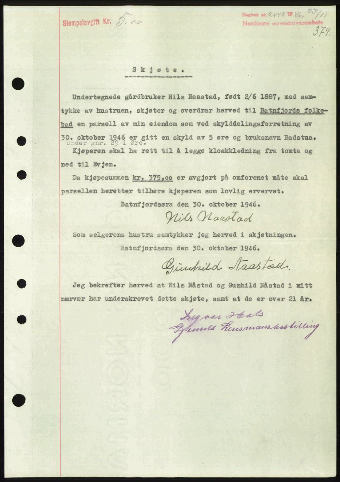 Nordmøre sorenskriveri, AV/SAT-A-4132/1/2/2Ca: Mortgage book no. A103, 1946-1947, Diary no: : 2448/1946