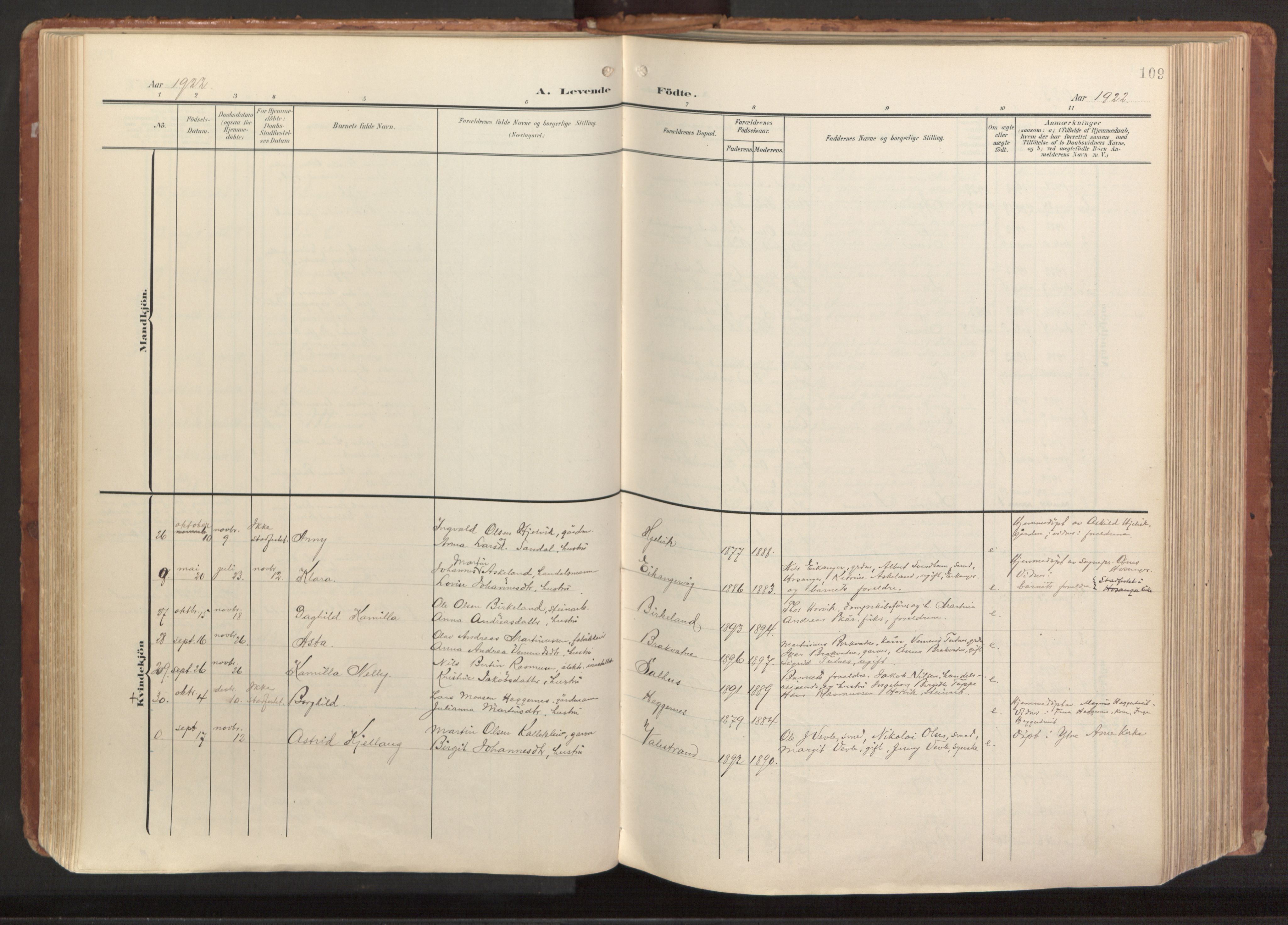 Hamre sokneprestembete, AV/SAB-A-75501/H/Ha/Haa/Haab/L0002: Parish register (official) no. B 2, 1905-1924, p. 109