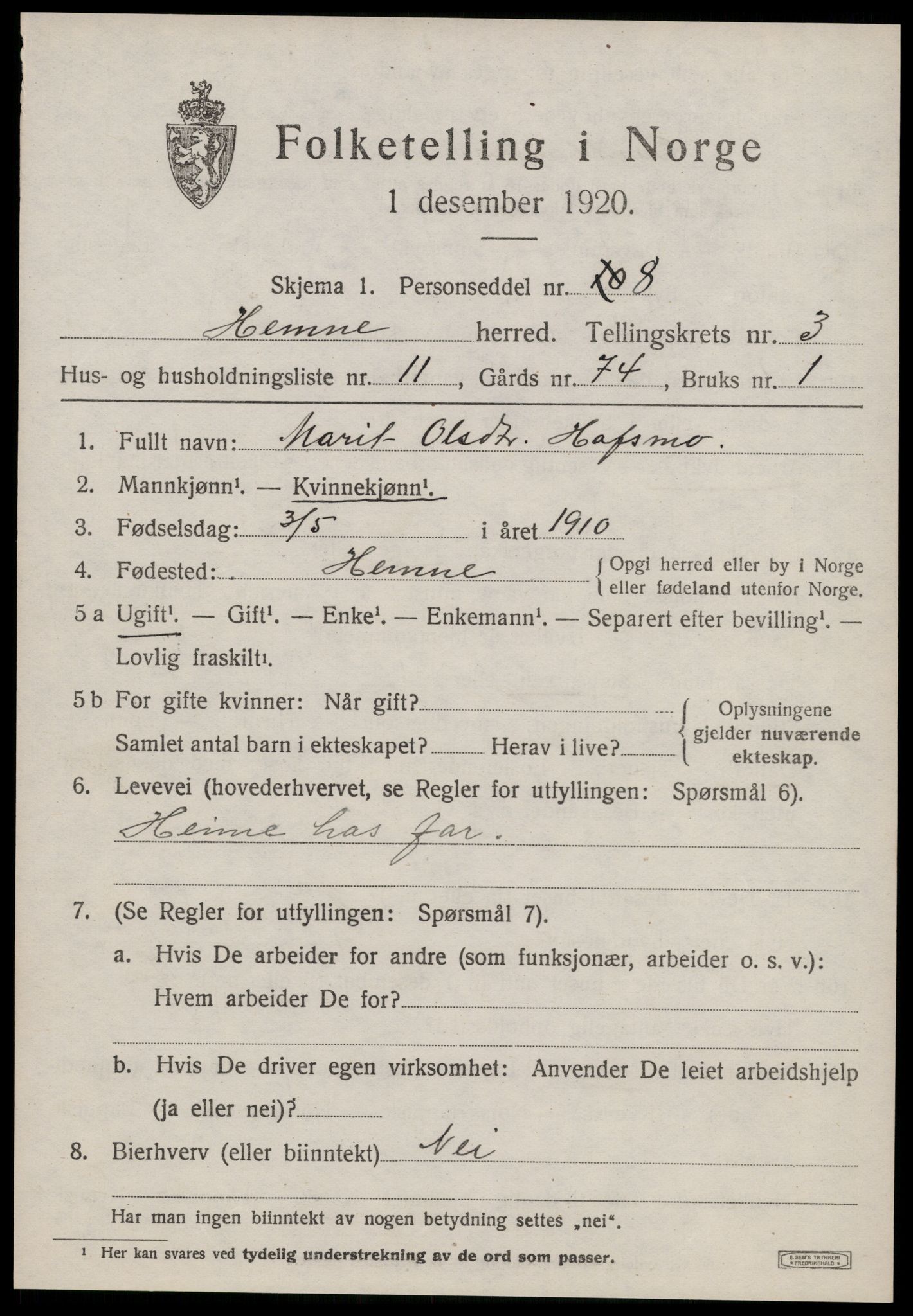 SAT, 1920 census for Hemne, 1920, p. 2304