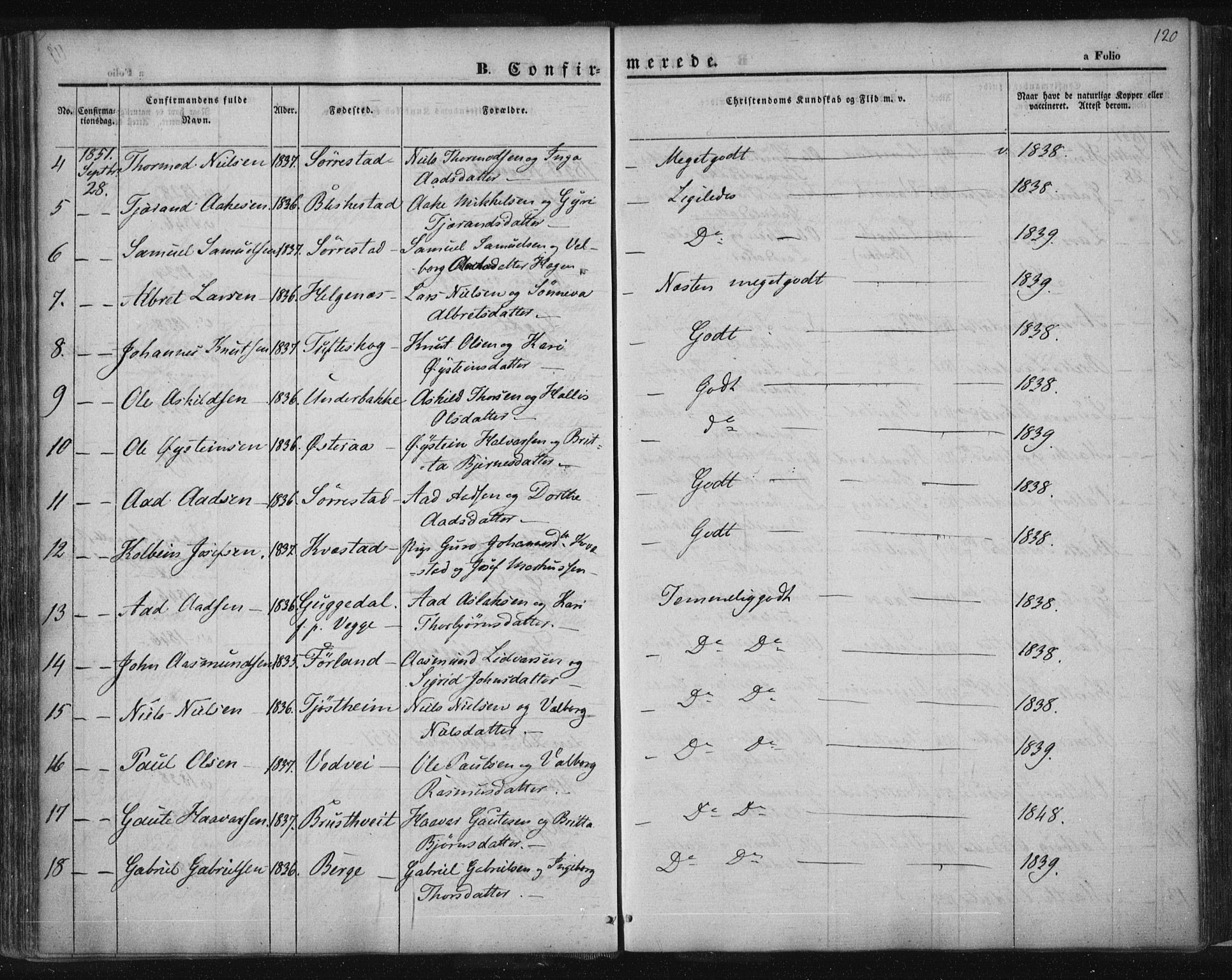 Suldal sokneprestkontor, AV/SAST-A-101845/01/IV/L0008: Parish register (official) no. A 8, 1836-1853, p. 120