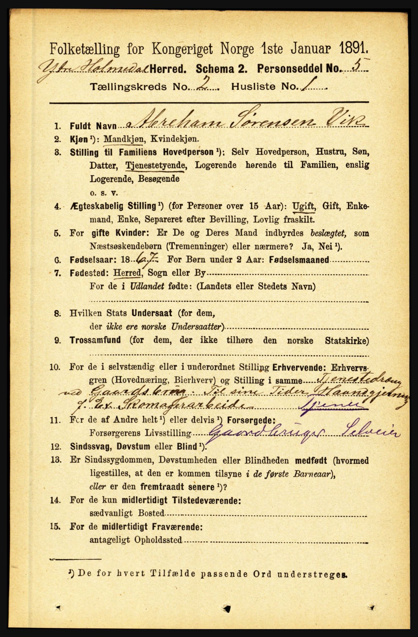 RA, 1891 census for 1429 Ytre Holmedal, 1891, p. 305