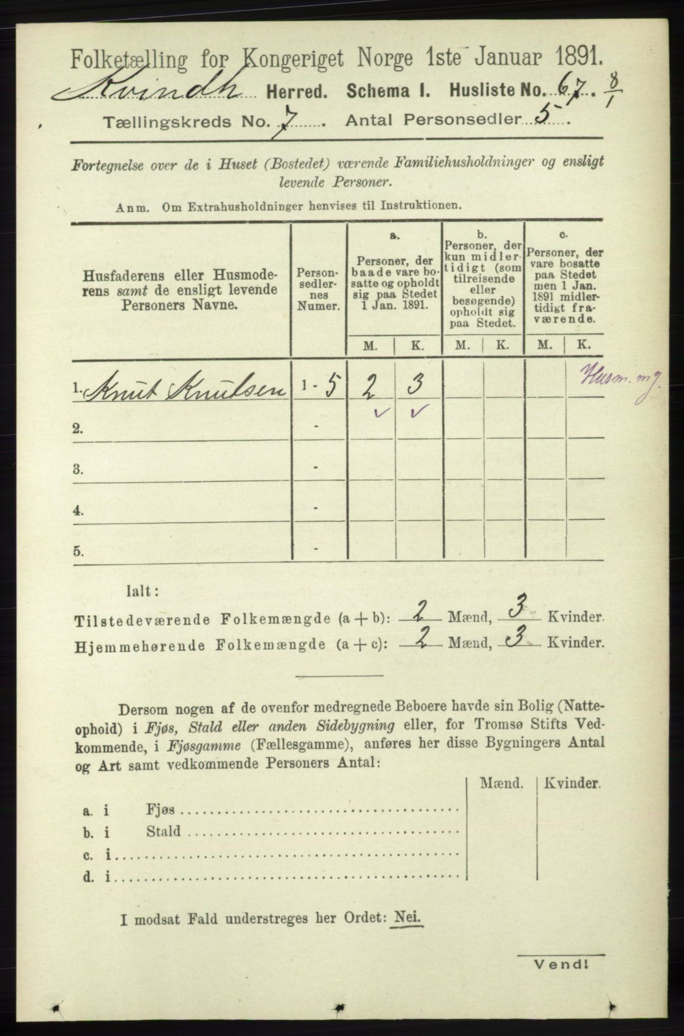 RA, 1891 census for 1224 Kvinnherad, 1891, p. 2442