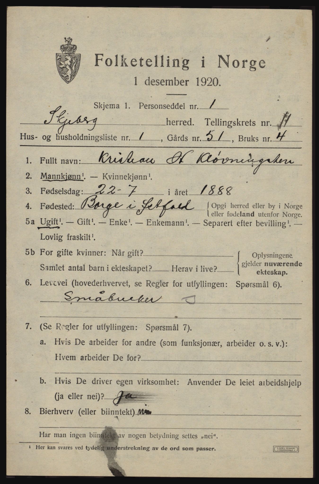 SAO, 1920 census for Skjeberg, 1920, p. 9493