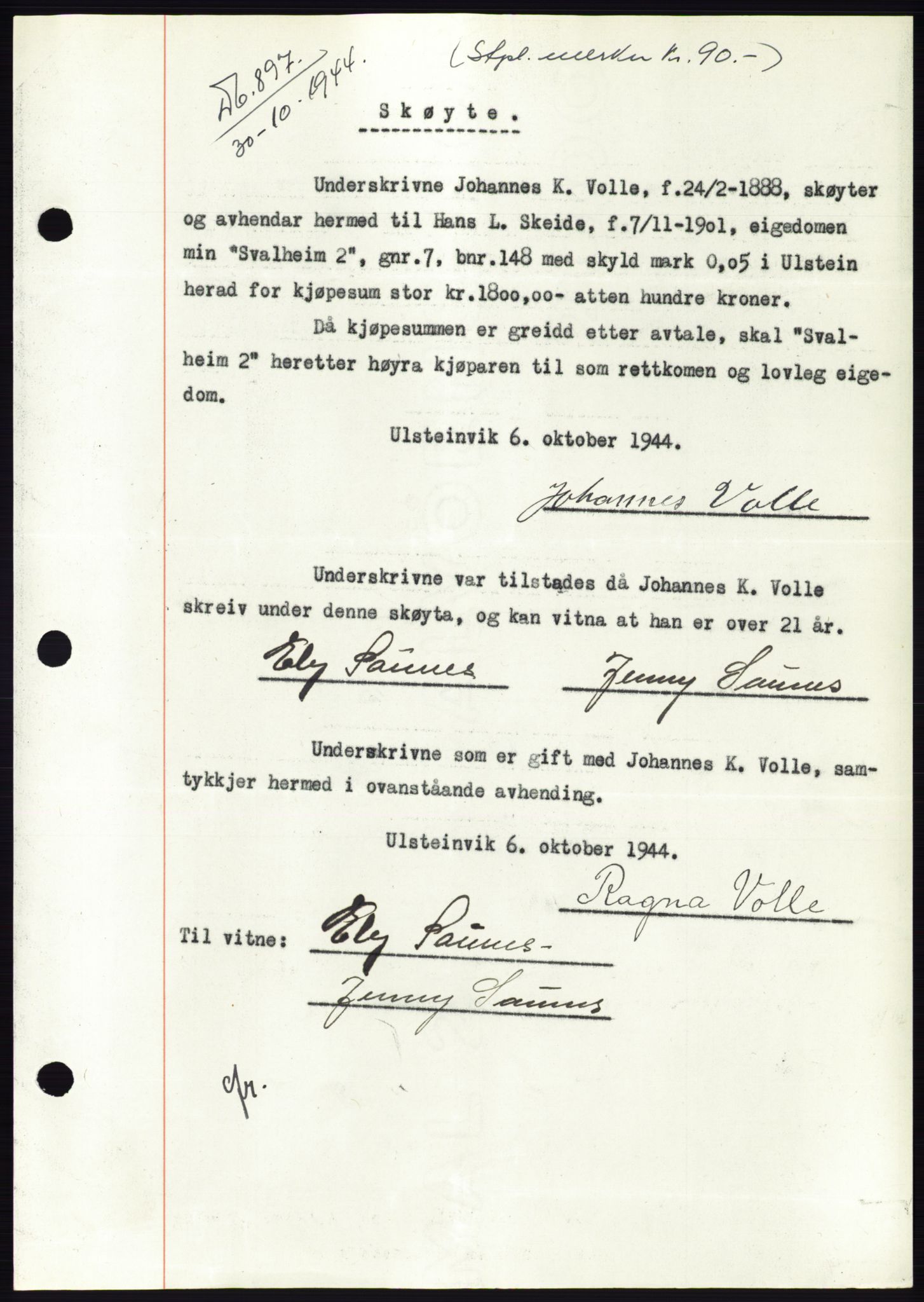 Søre Sunnmøre sorenskriveri, SAT/A-4122/1/2/2C/L0076: Mortgage book no. 2A, 1943-1944, Diary no: : 897/1944