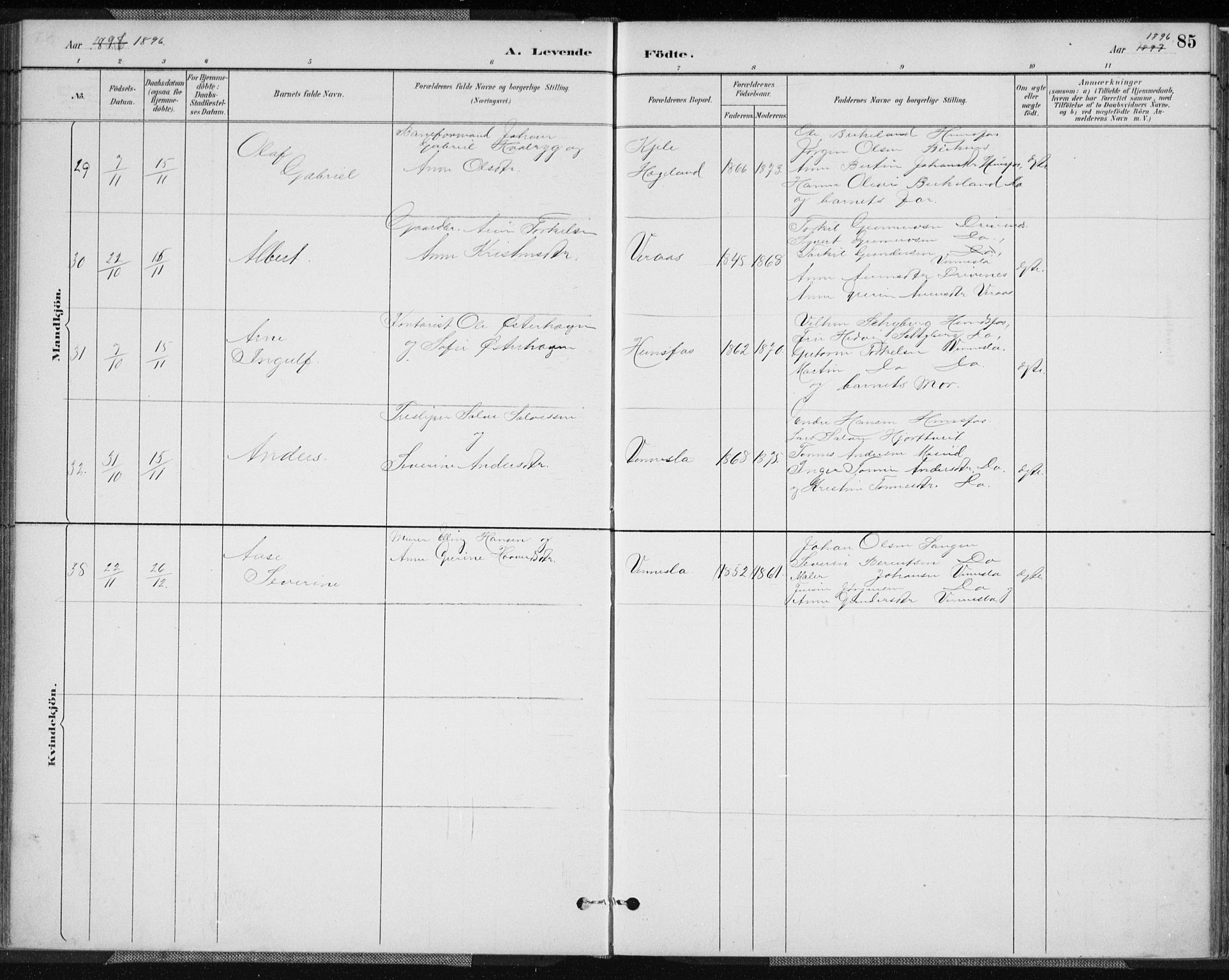 Vennesla sokneprestkontor, AV/SAK-1111-0045/Fa/Fab/L0004: Parish register (official) no. A 4, 1884-1896, p. 85