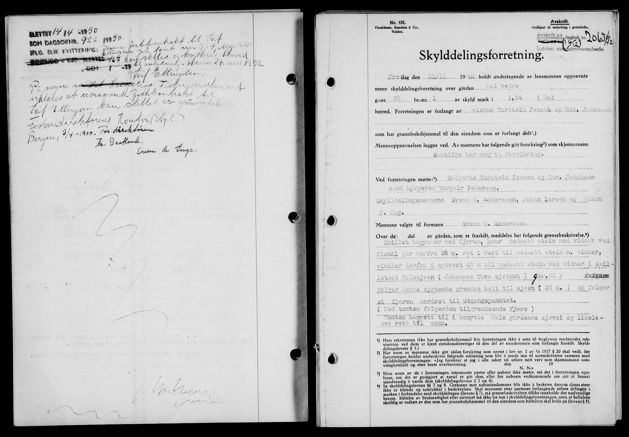 Lofoten sorenskriveri, SAT/A-0017/1/2/2C/L0010a: Mortgage book no. 10a, 1942-1943, Diary no: : 2063/1942