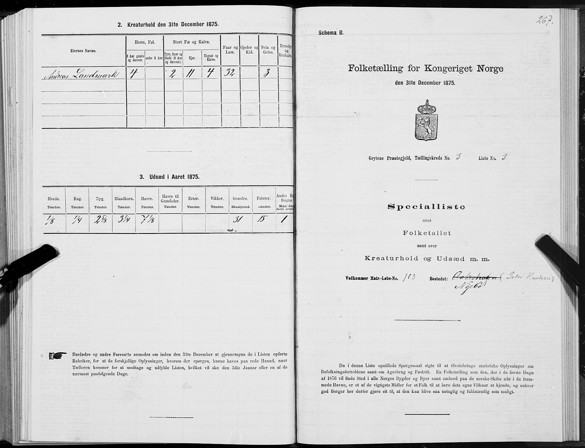 SAT, 1875 census for 1539P Grytten, 1875, p. 1267