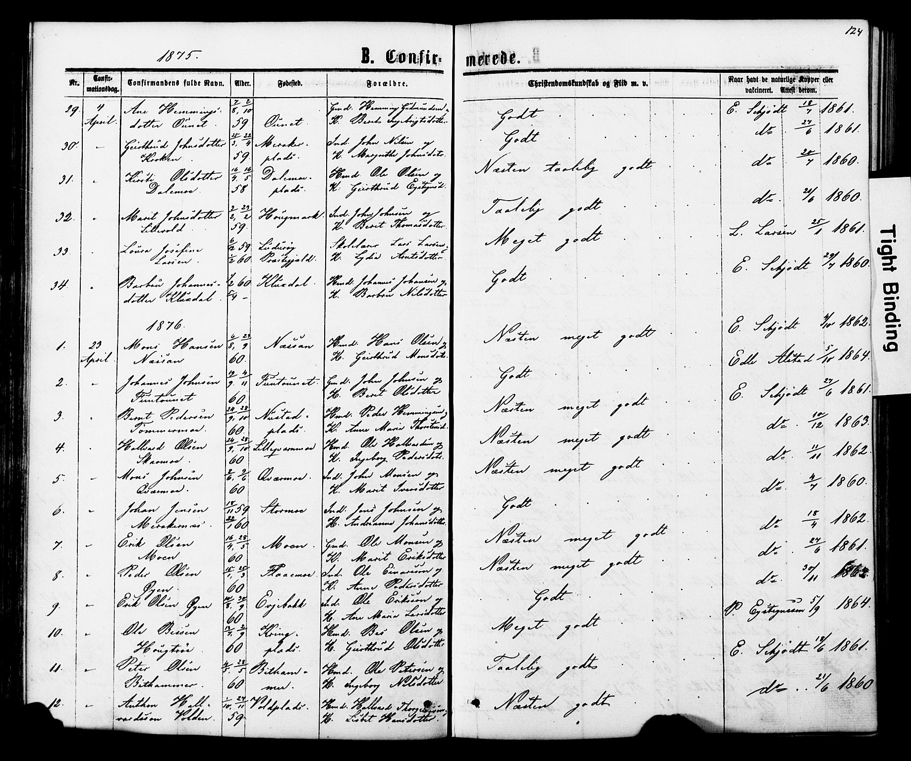 Ministerialprotokoller, klokkerbøker og fødselsregistre - Nord-Trøndelag, SAT/A-1458/706/L0049: Parish register (copy) no. 706C01, 1864-1895, p. 124