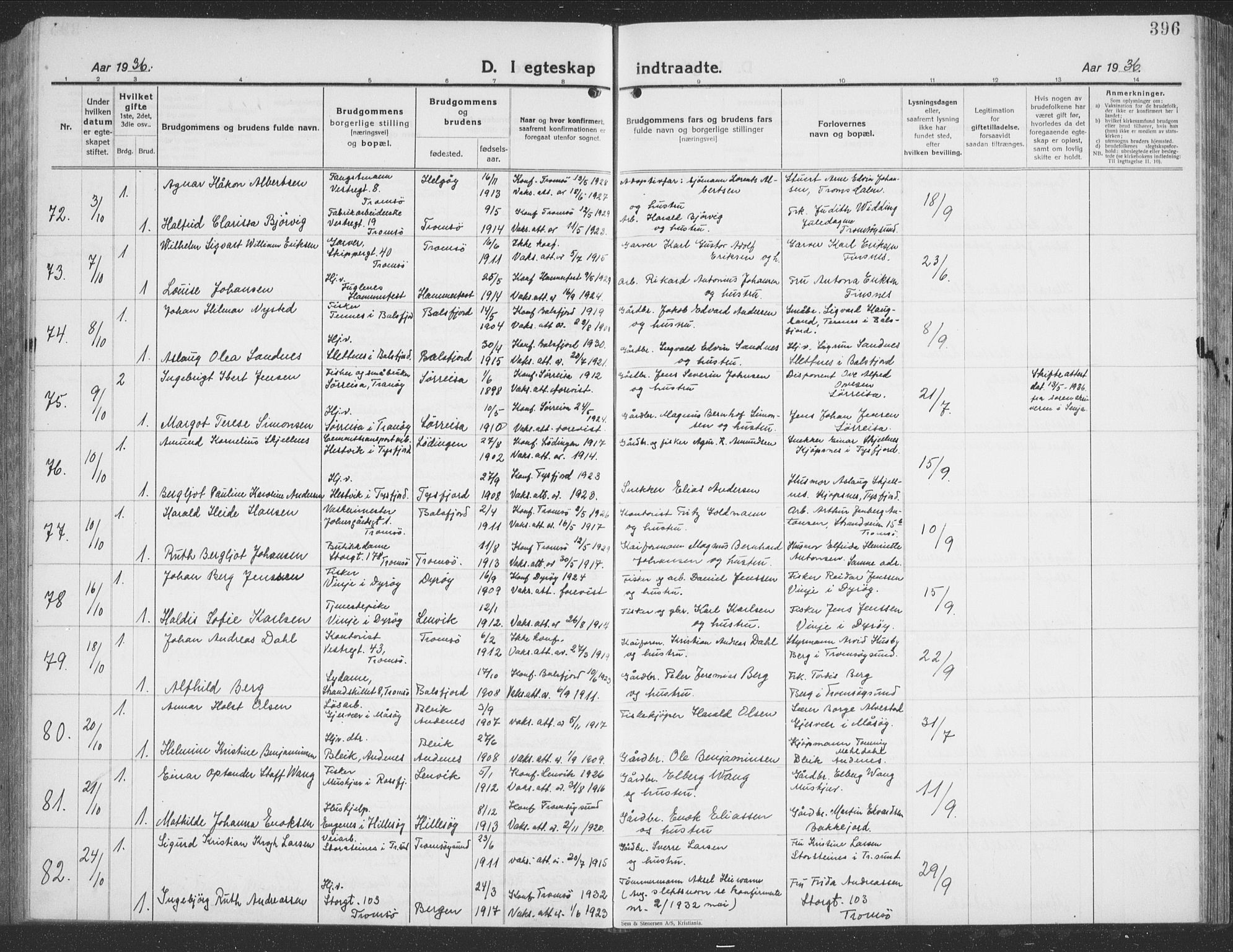 Tromsø sokneprestkontor/stiftsprosti/domprosti, AV/SATØ-S-1343/G/Gb/L0010klokker: Parish register (copy) no. 10, 1925-1937, p. 396
