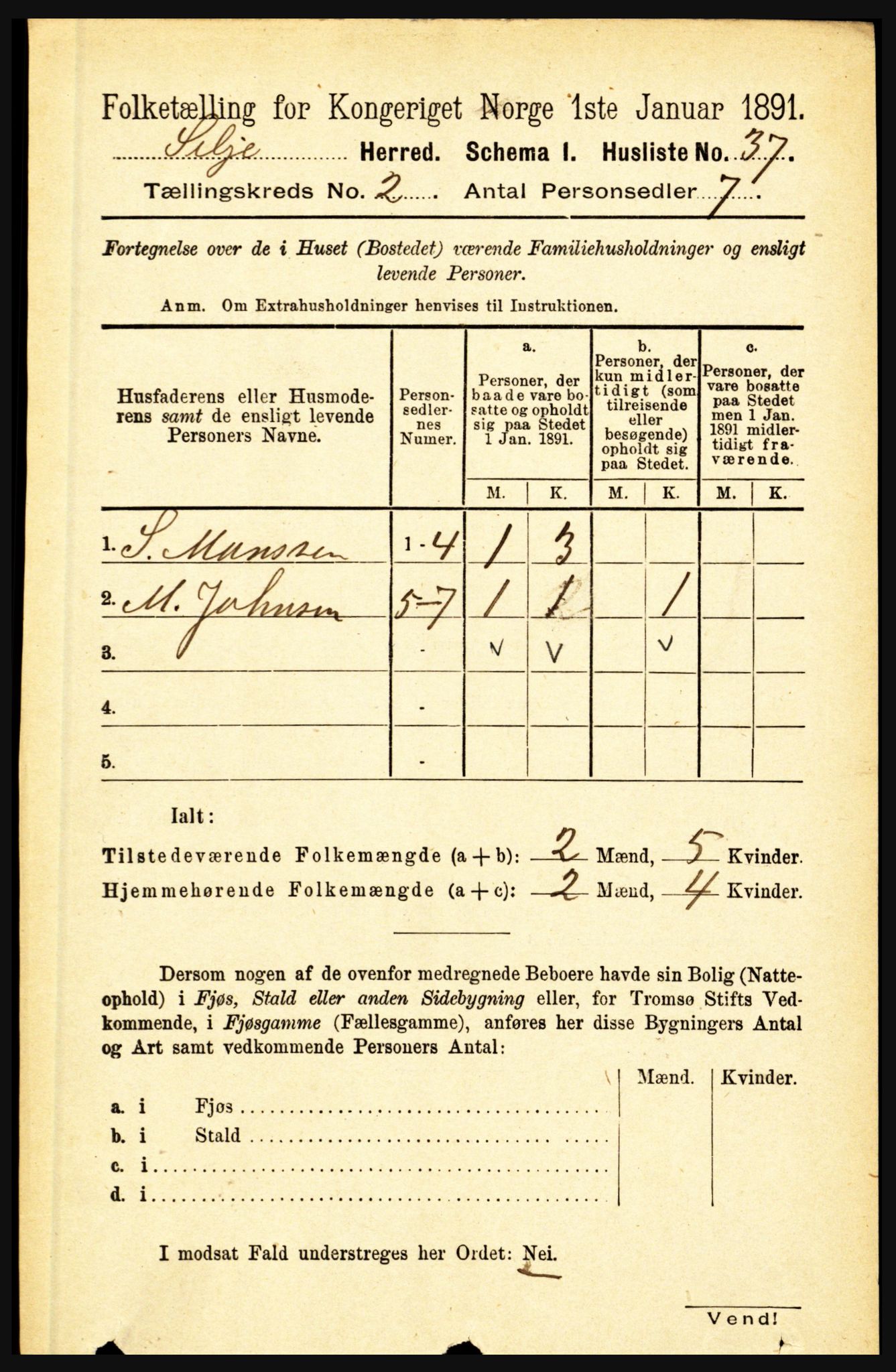 RA, 1891 census for 1441 Selje, 1891, p. 385