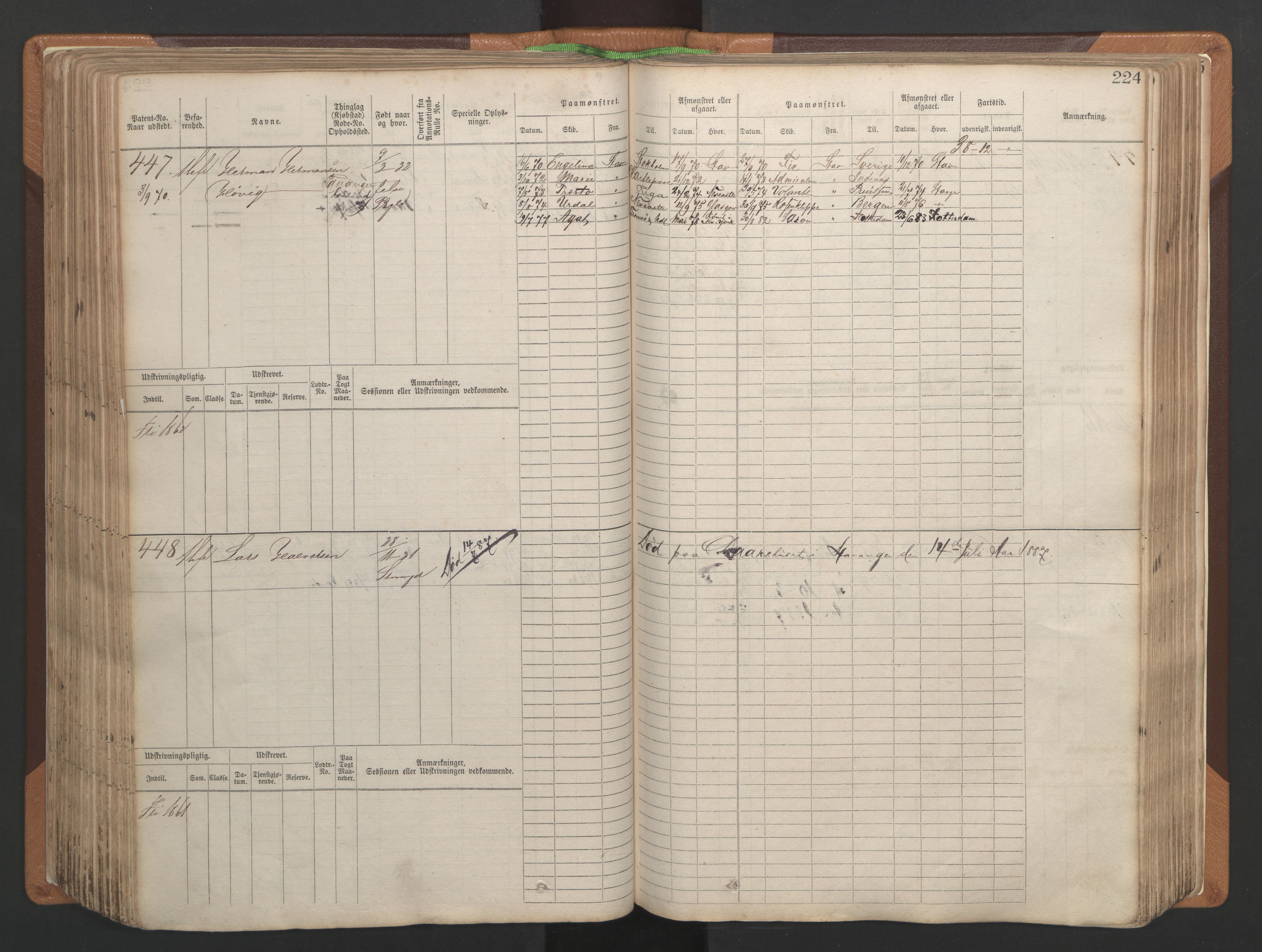 Stavanger sjømannskontor, AV/SAST-A-102006/F/Fb/Fbb/L0004: Sjøfartshovedrulle, patentnr. 1-792 (del 1), 1869-1880, p. 230