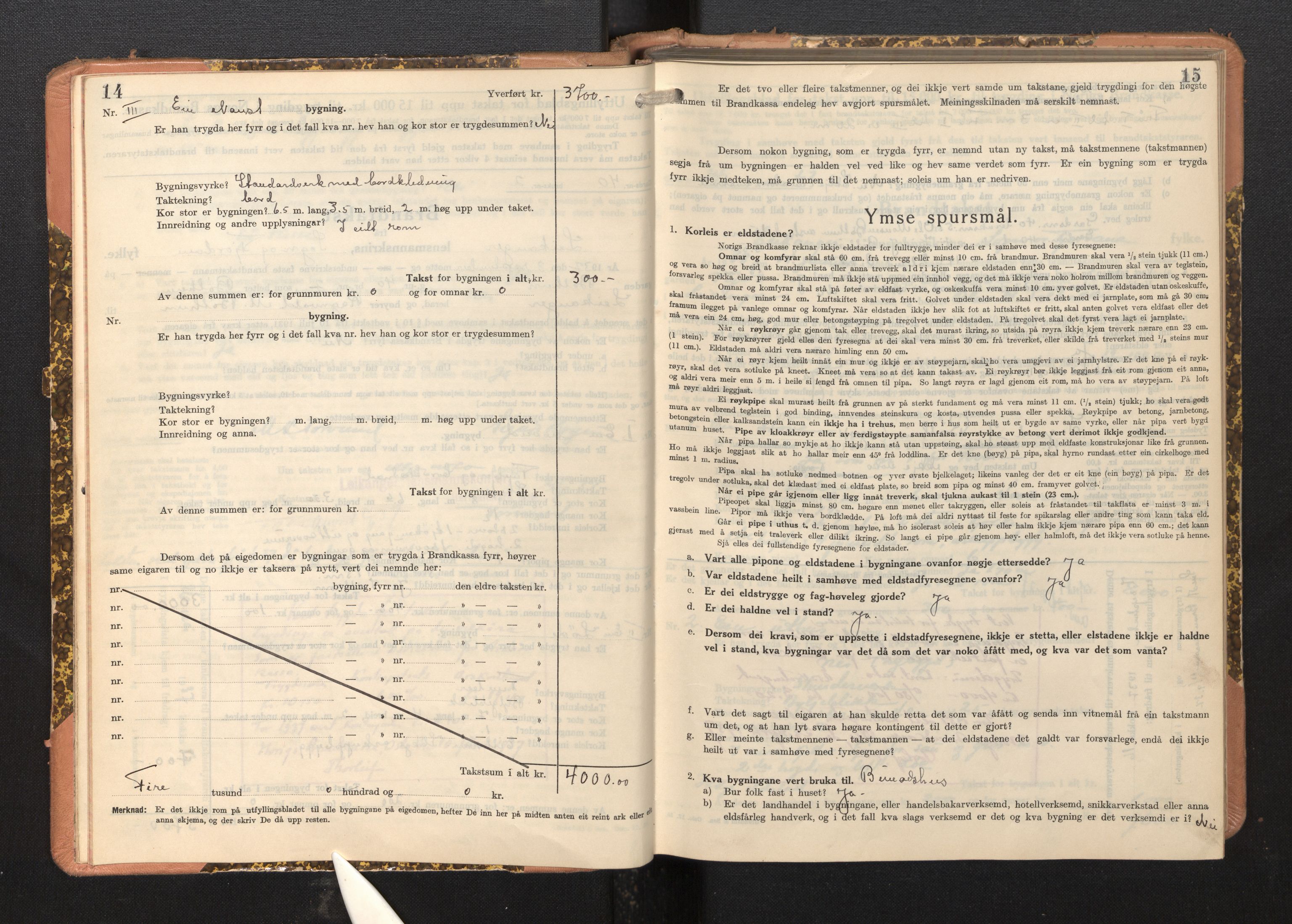 Lensmannen i Leikanger, AV/SAB-A-29201/0012/L0008: Branntakstprotokoll, skjematakst, 1937-1946, p. 14-15