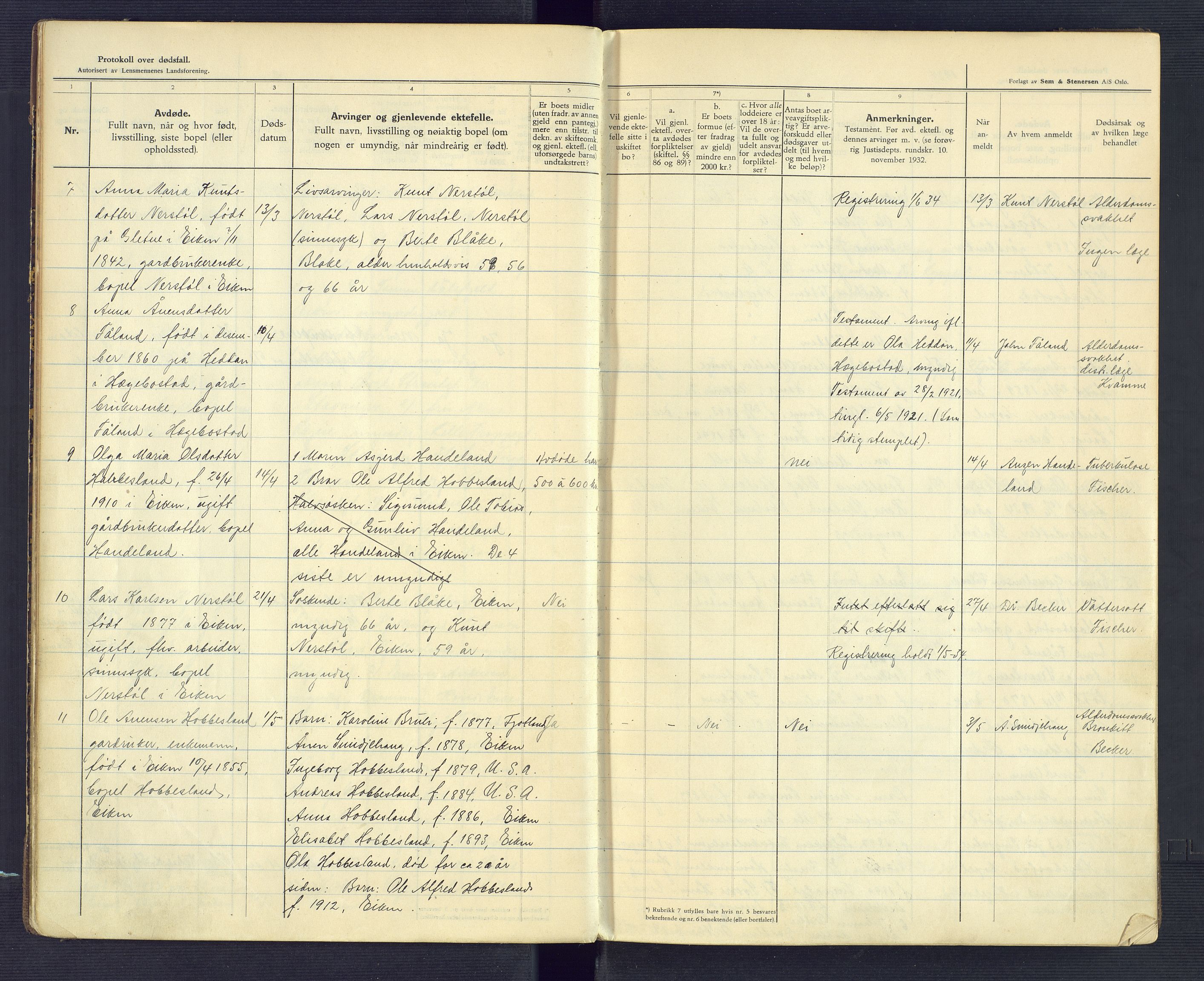 Hægebostad og Eiken lensmannskontor, SAK/1241-0023/F/Fe/L0003: Dødsfallsprotokoll nr 35, 1933-1952