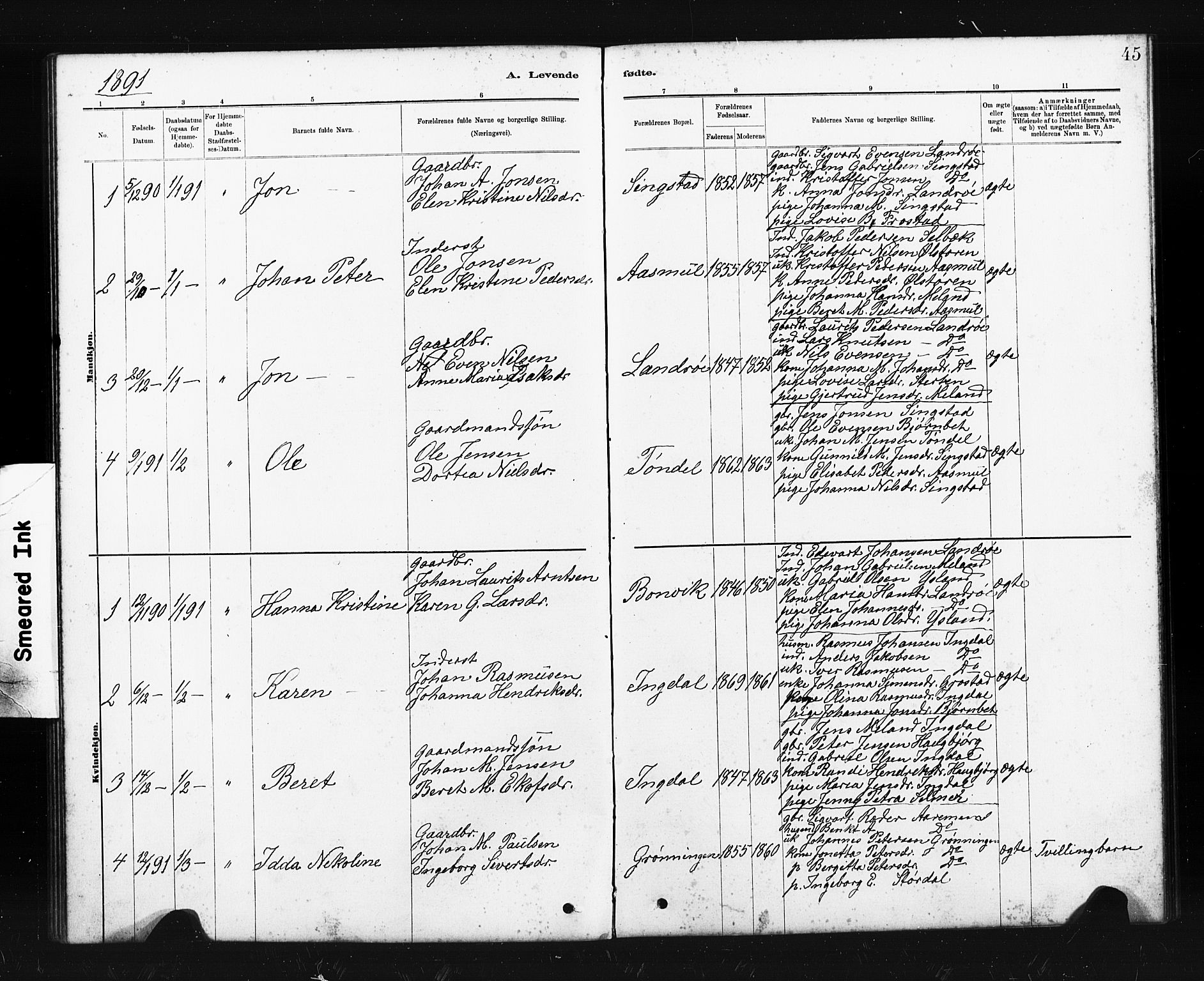 Ministerialprotokoller, klokkerbøker og fødselsregistre - Sør-Trøndelag, SAT/A-1456/663/L0761: Parish register (copy) no. 663C01, 1880-1893, p. 45