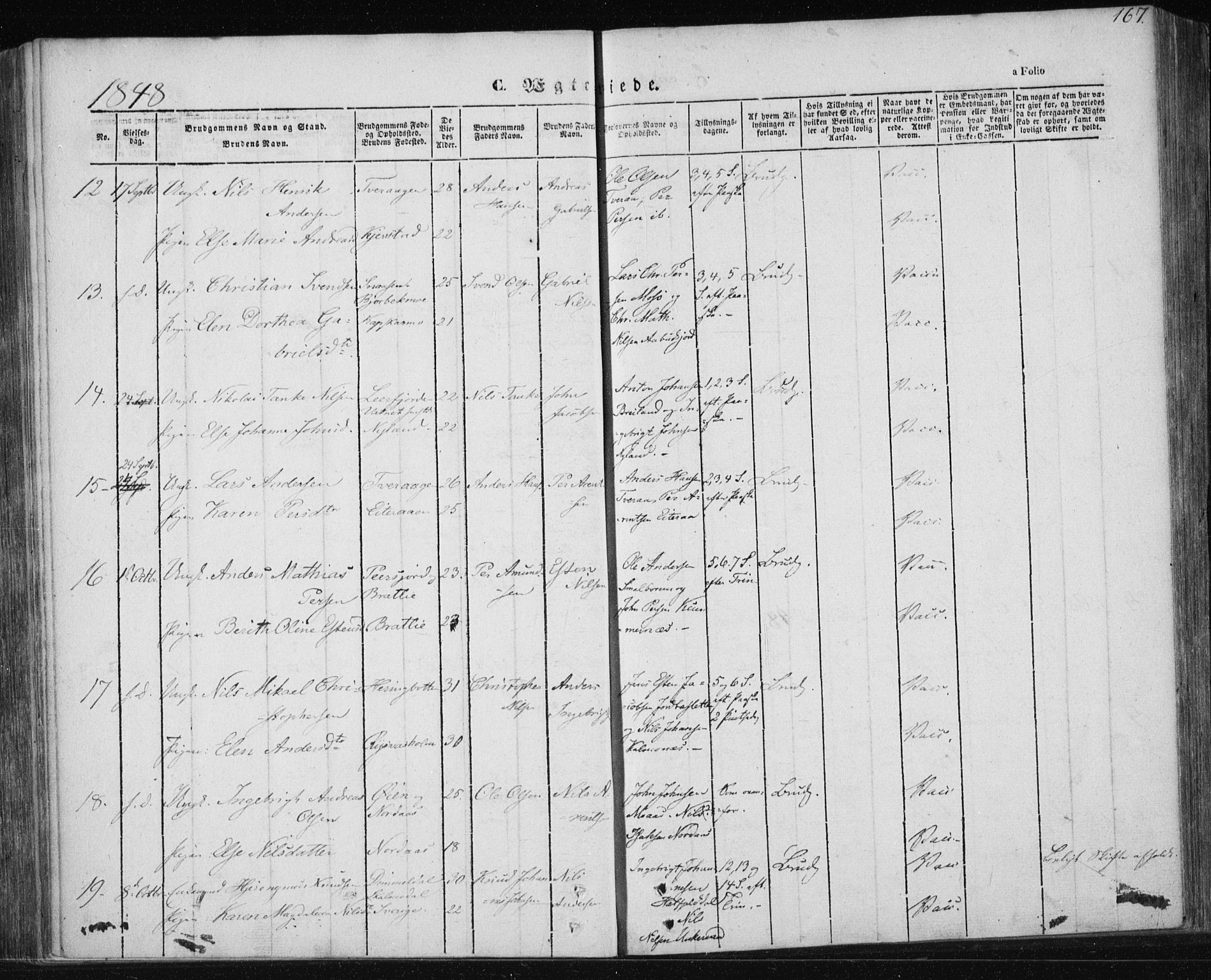 Ministerialprotokoller, klokkerbøker og fødselsregistre - Nordland, AV/SAT-A-1459/820/L0291: Parish register (official) no. 820A12, 1846-1854, p. 167