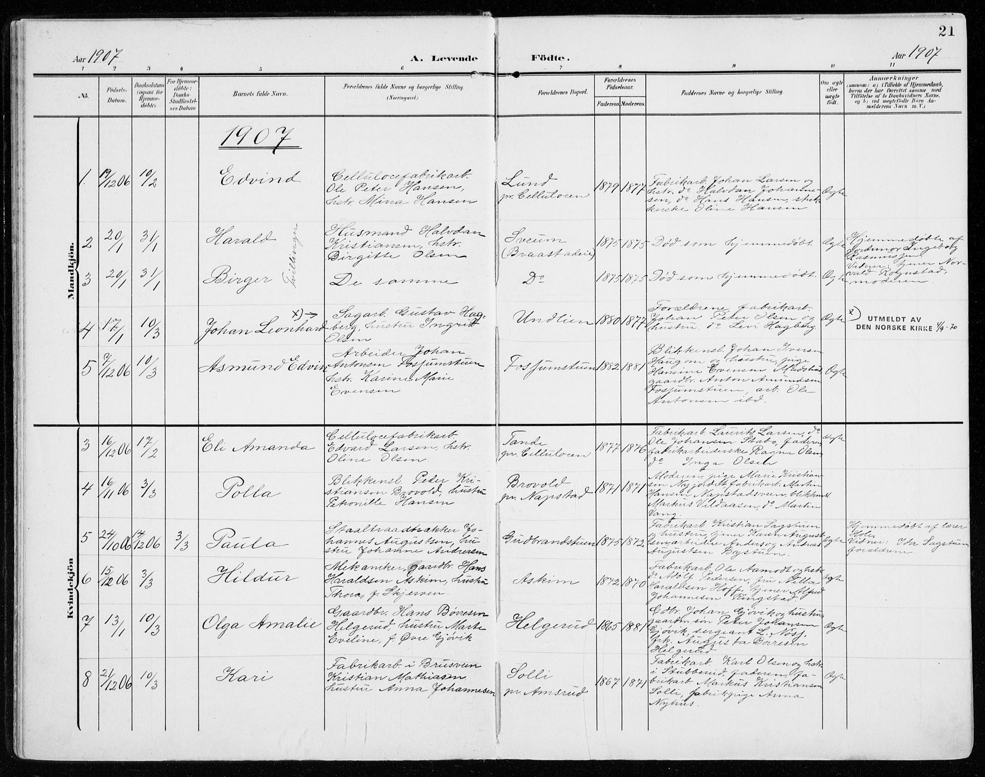 Vardal prestekontor, SAH/PREST-100/H/Ha/Haa/L0016: Parish register (official) no. 16, 1904-1916, p. 21