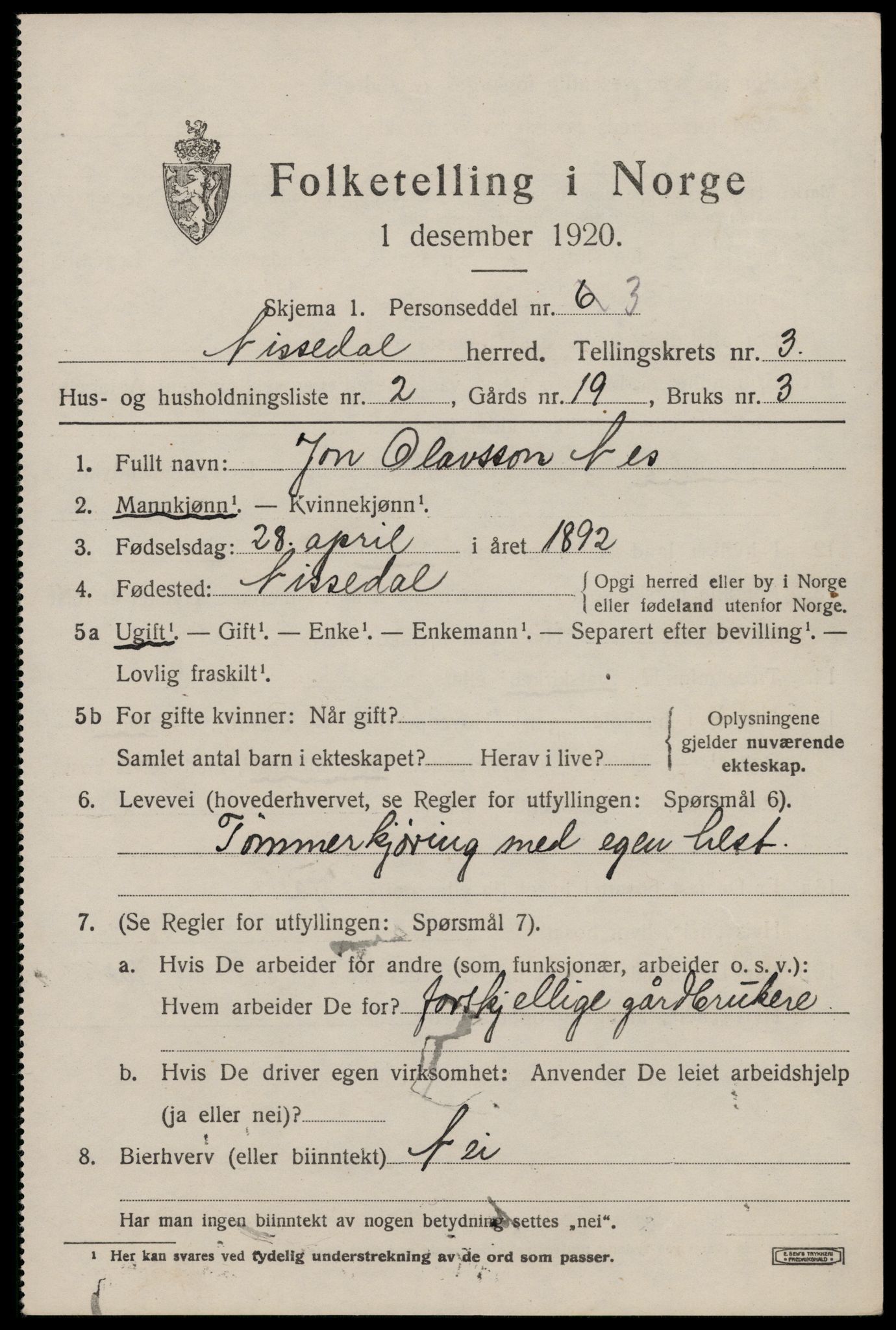 SAKO, 1920 census for Nissedal, 1920, p. 1513